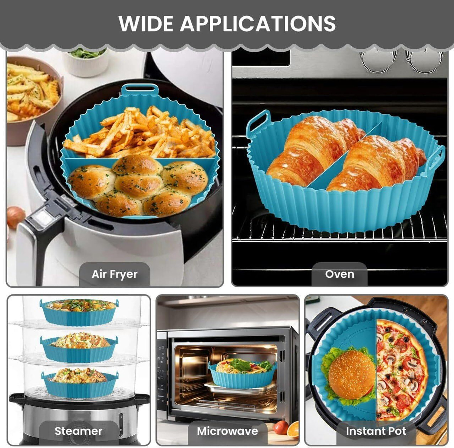 Image of TRUJVE 2p Air Fryer Liner Round Silicone Basket Baking Tray Pot with Divider Ear Handle Air Fryer