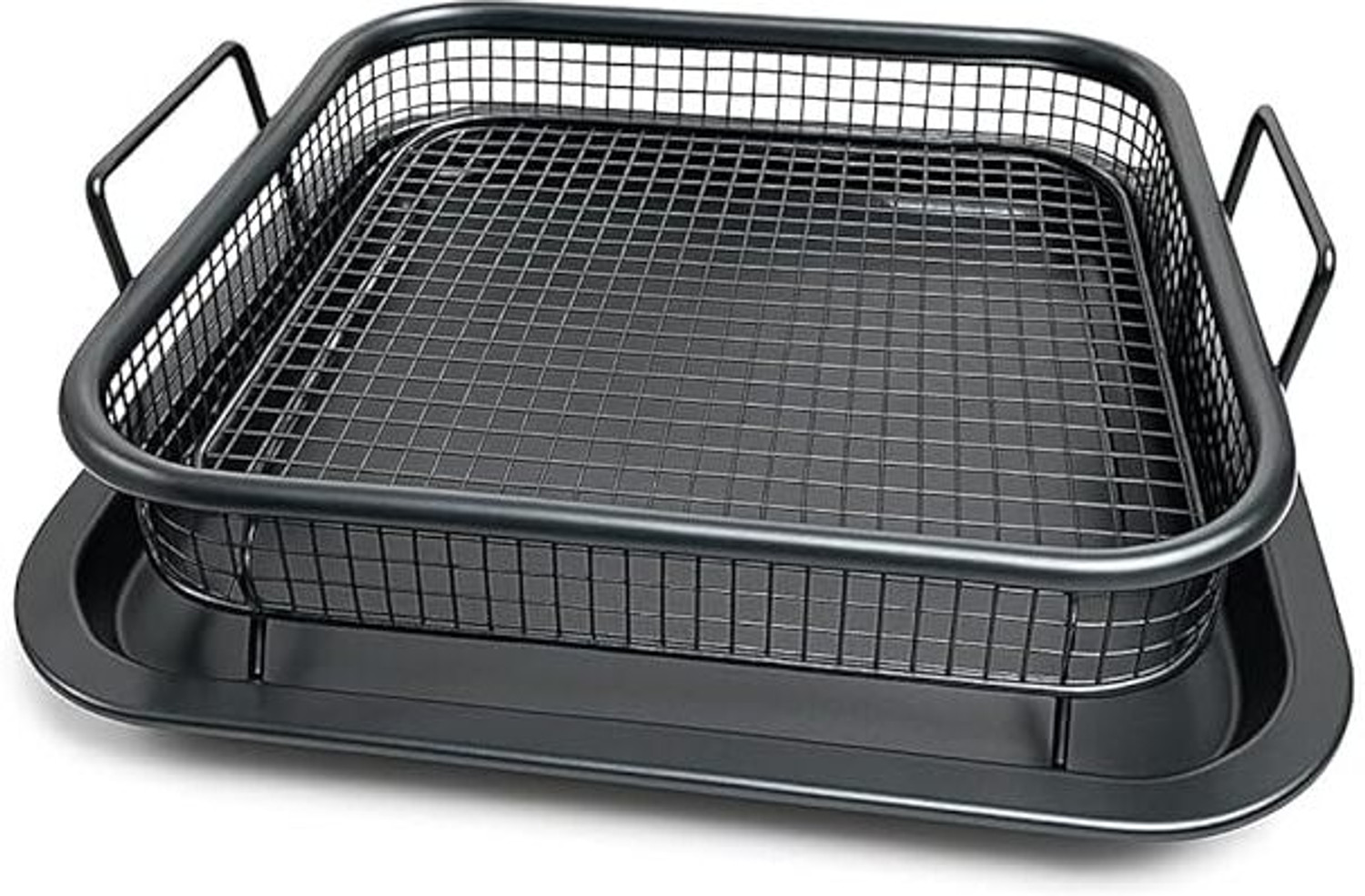 Image of HEVASNEK Stainless Steel Air Fryer Tray - 2-in-1 Nonstick Crisper Basket (Black) Airfryer Tray