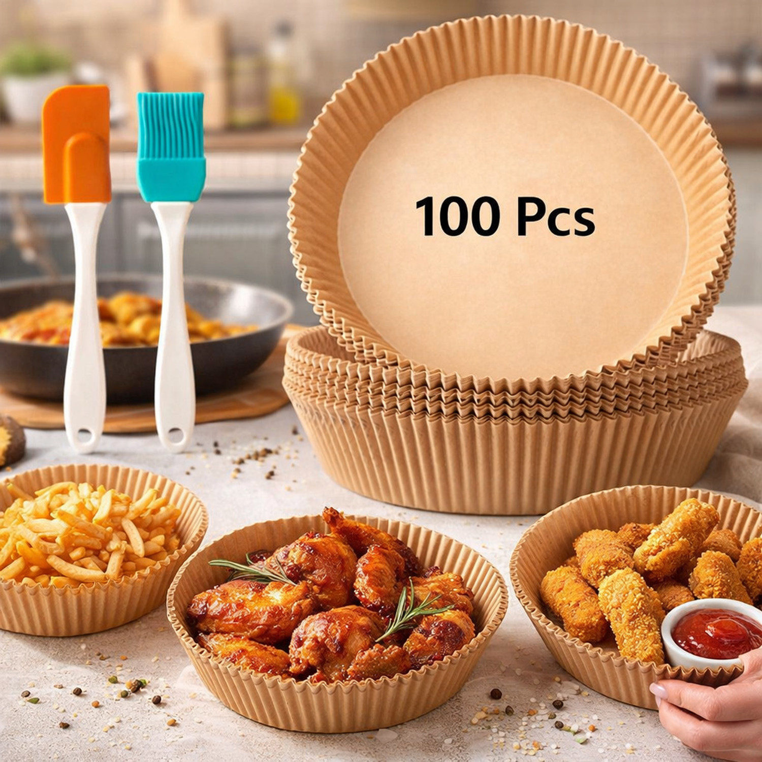Image of KESOL Disposable Air Fryer Paper Liners 100 Pcs with Oil Brush Set Airfryer Tray