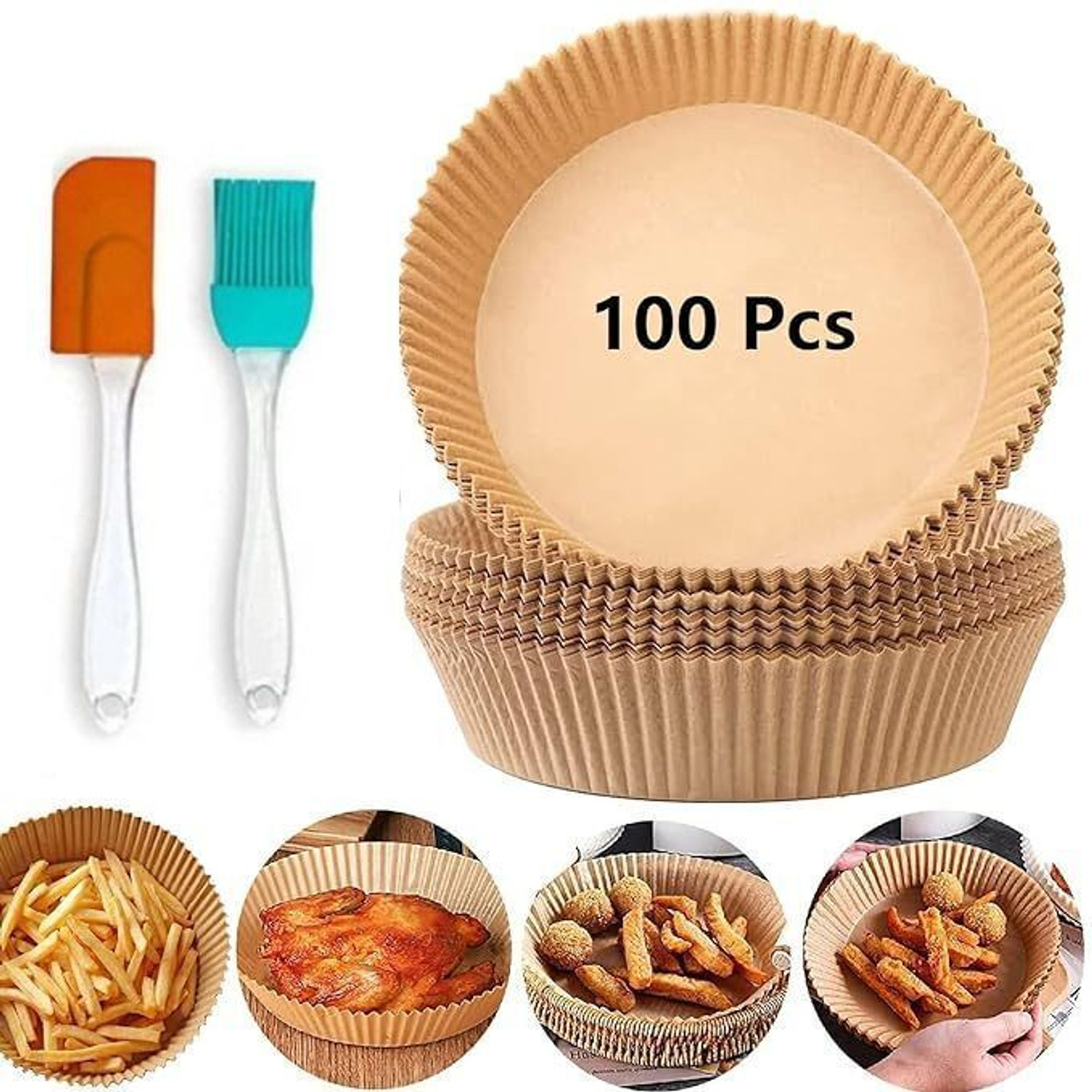 Image of Ipsit 100PCS Fryer-Paper Disposable Paper, Baking Paper & Oil-proof with Oil Brush Airfryer Tray