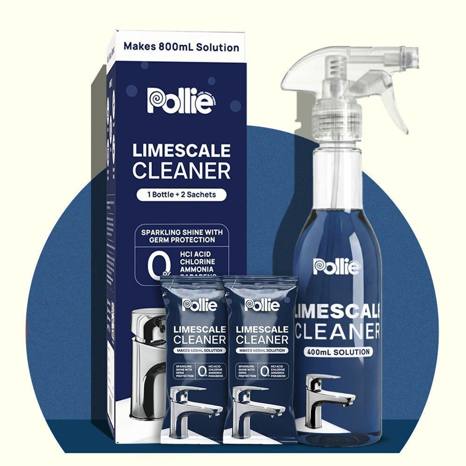 Image of Pollie Limescale Remover 800mL | Spray Bottle + 2 Refills | For Faucets, Tiles, Shower (100 ml)