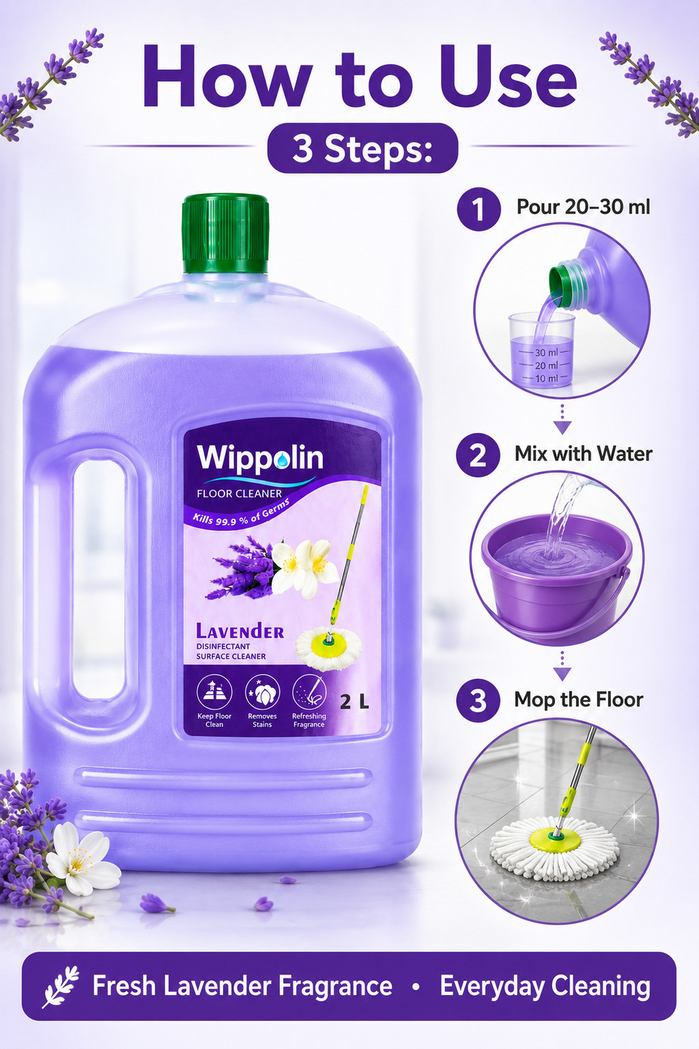 Image of Wippolin Lavender Floor Cleaner 2L | Disinfectant Surface Cleaner | Kills 99.9% Germs