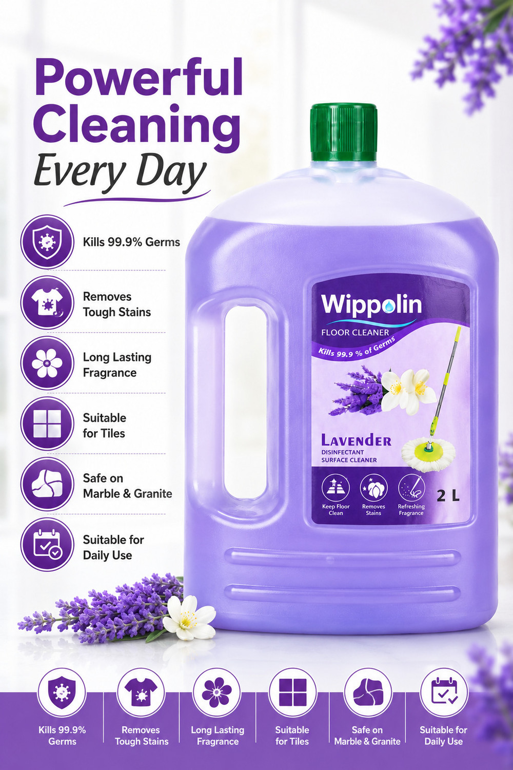 Image of Wippolin Lavender Floor Cleaner 2L | Disinfectant Surface Cleaner | Kills 99.9% Germs