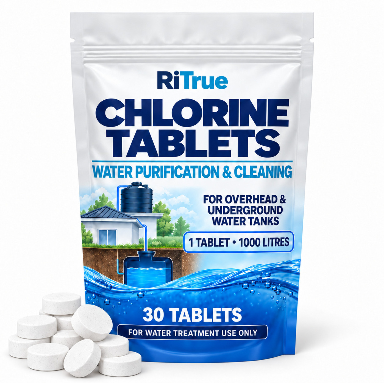 Image of RiTrue Certified Chlorine Water Purification & Cleaning Tablets for 1000 l