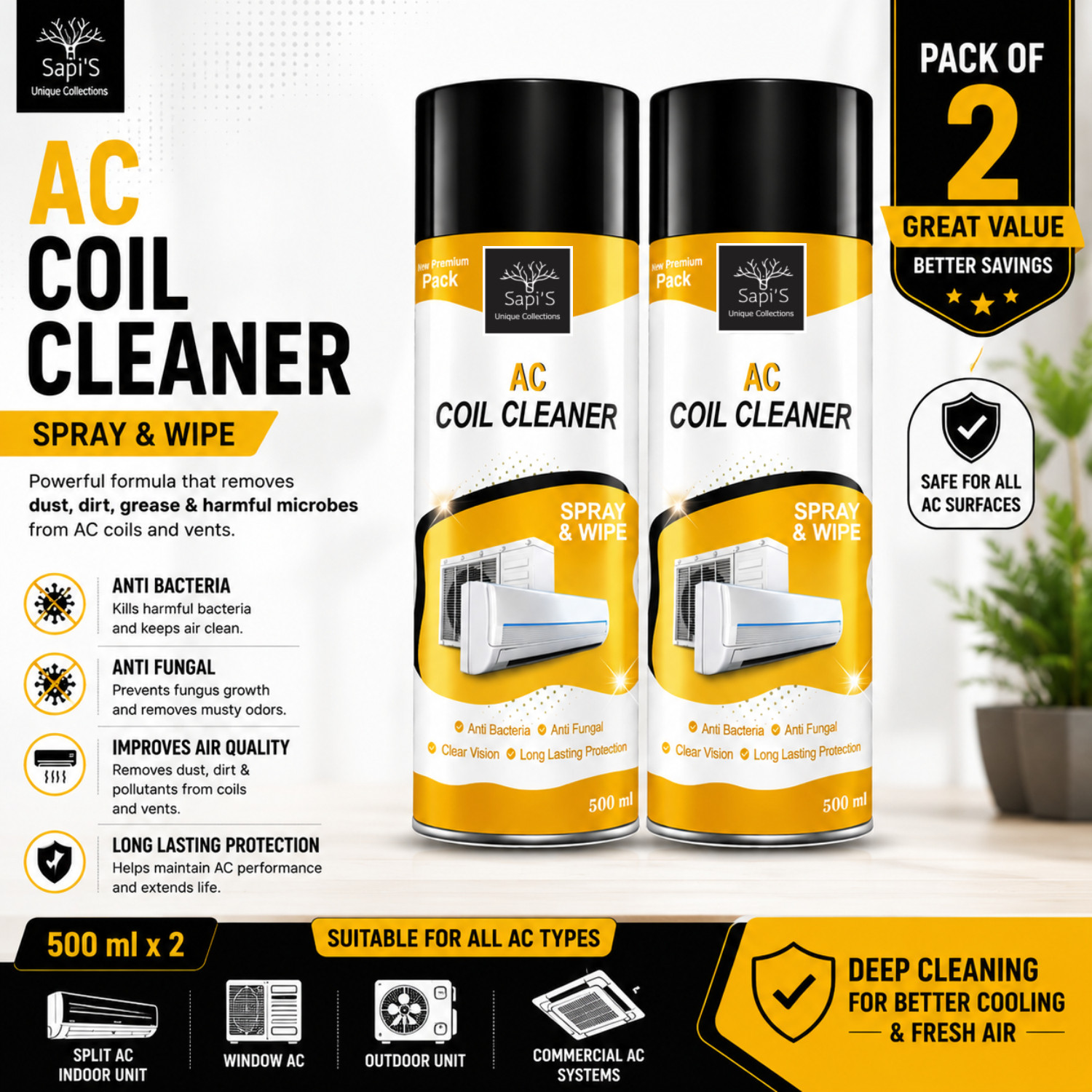 Image of SAPI'S AC Coil Cleaner Spray, Foam Cleaner For Home and Car