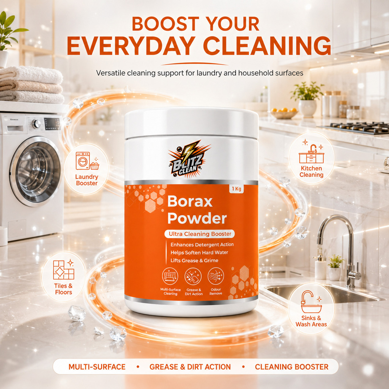 Image of BLITZ CLEAN Borax Cleaning Powder, Laundry Booster, Stain Remover & Detergent Enhancer (1000 g)
