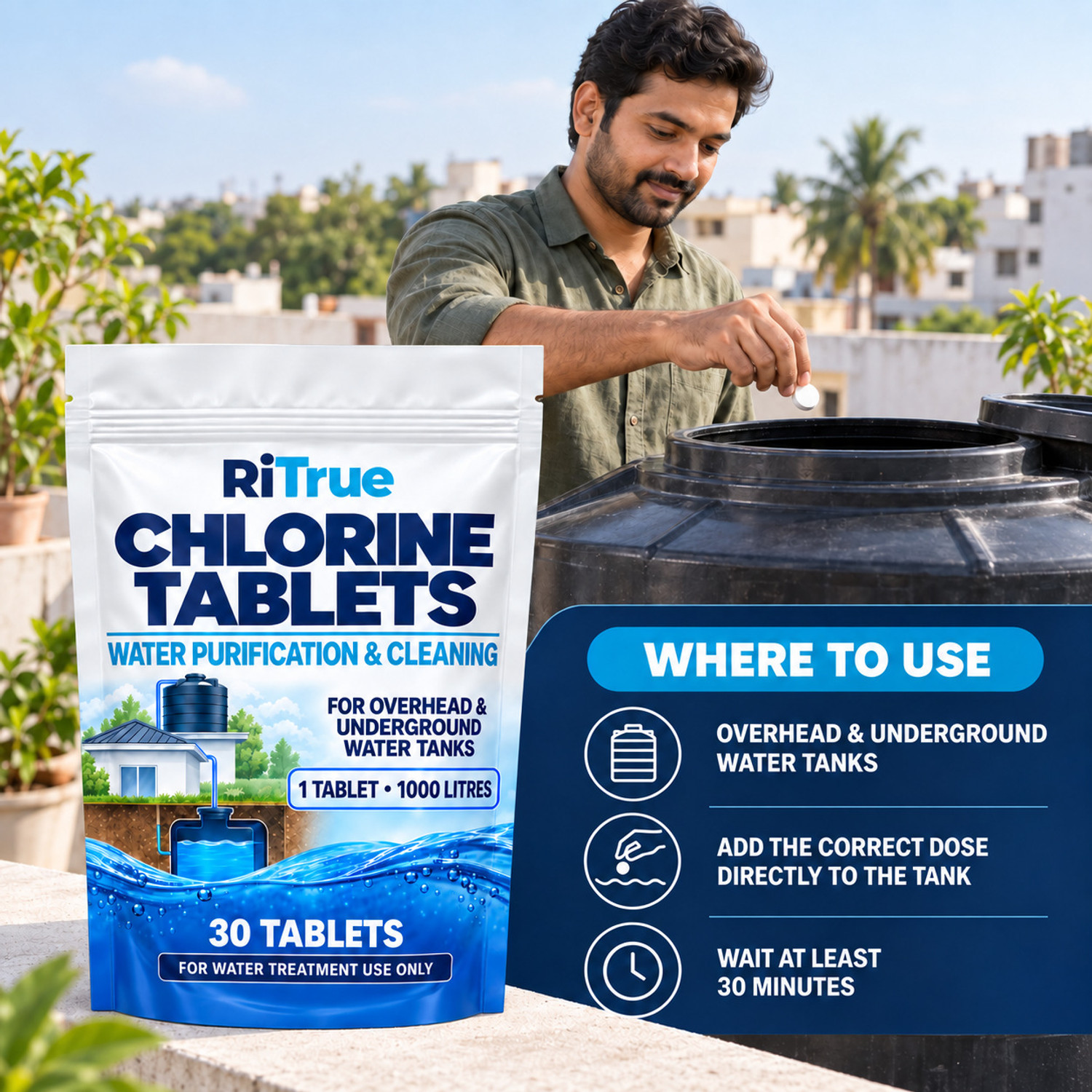 Image of RiTrue Certified Chlorine Water Purification & Cleaning Tablets for 1000 l