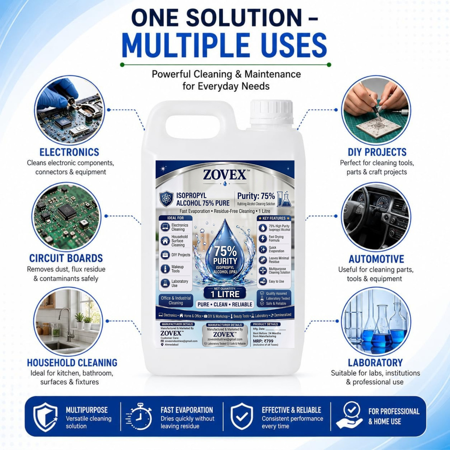 Image of zovex Isopropyl Alcohol 75% IPA 1L | Multipurpose Cleaner & Degreaser
