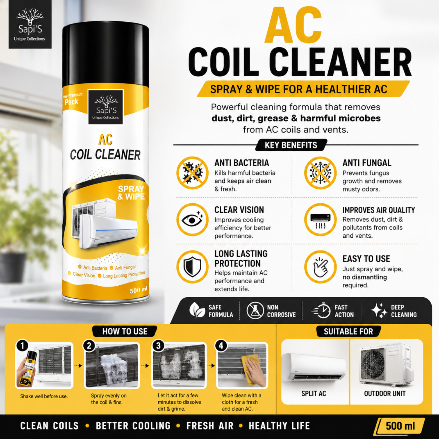 Image of SAPI'S AC Coil Cleaner Spray, Foam Cleaner For Home and Car