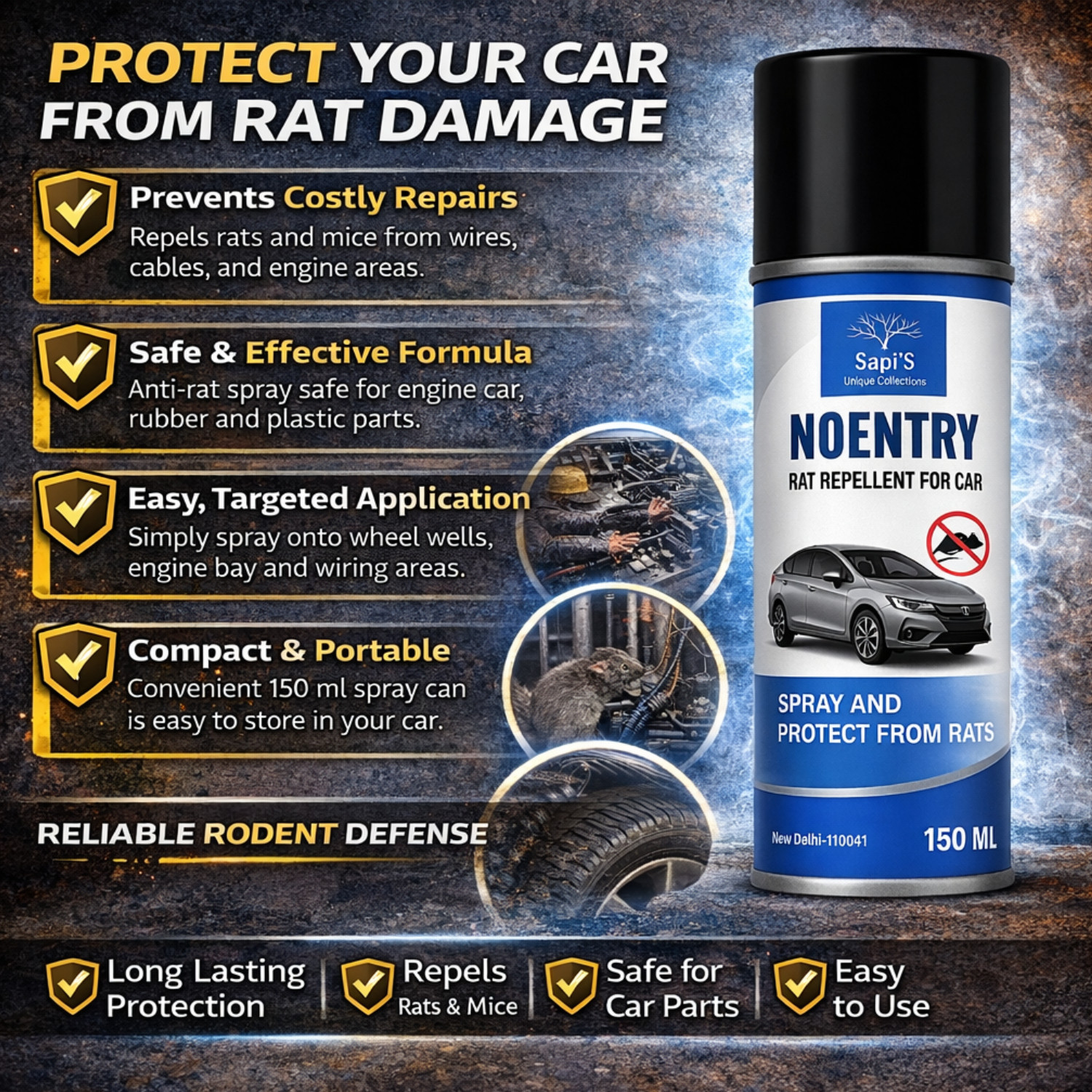 Image of SAPI'S No Entry Rat Repellent Spray 500 ml for Car Engine Protection