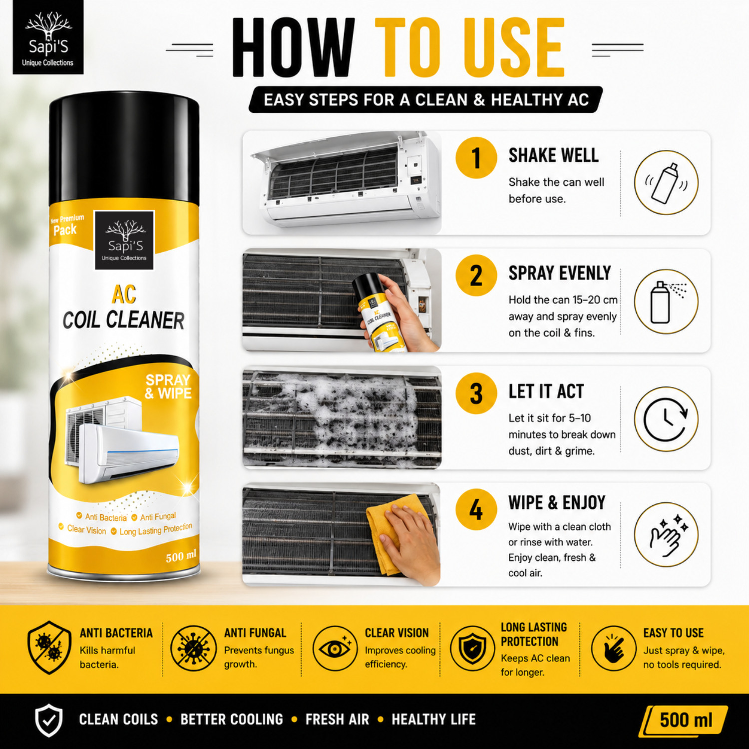 Image of SAPI'S AC Coil Cleaner Spray, Foam Cleaner For Home and Car