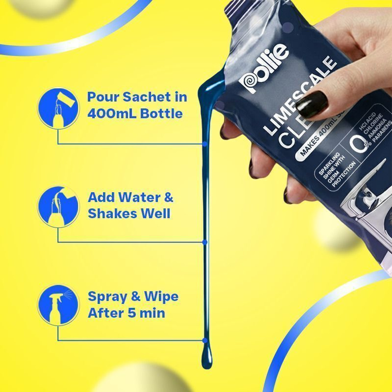 Image of Pollie Limescale Remover 800mL | Spray Bottle + 2 Refills | For Faucets, Tiles, Shower (100 ml)