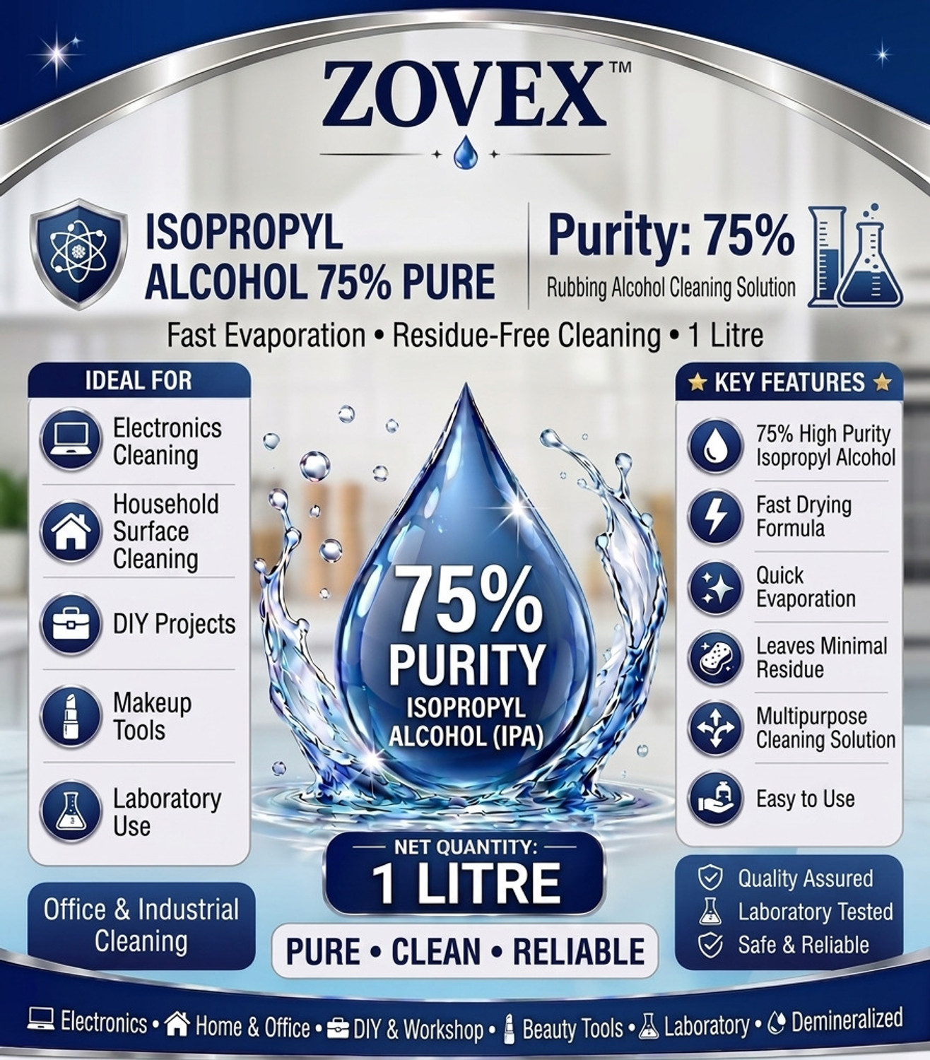 Image of zovex Isopropyl Alcohol 75% IPA 1L | Multipurpose Cleaner & Degreaser