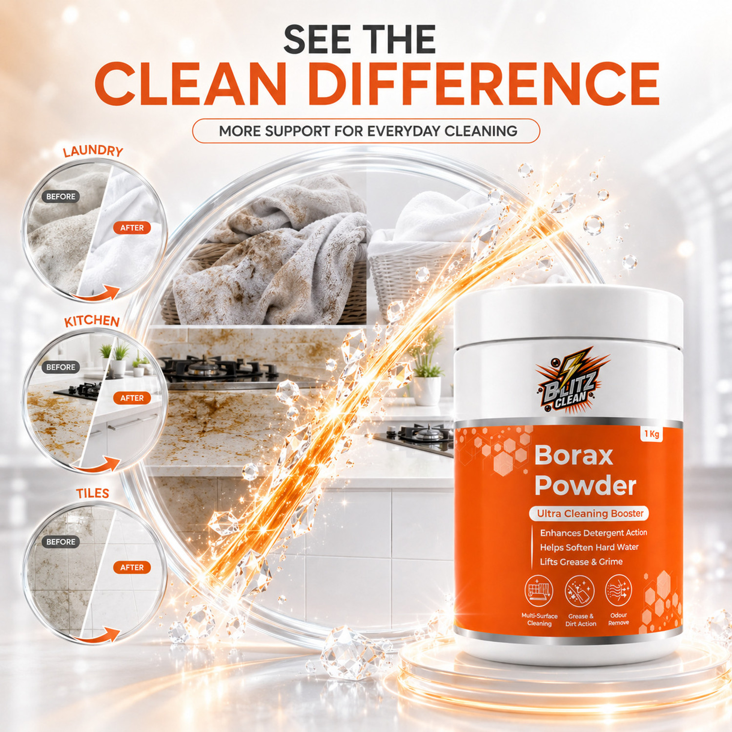 Image of BLITZ CLEAN Borax Cleaning Powder, Laundry Booster, Stain Remover & Detergent Enhancer (1000 g)