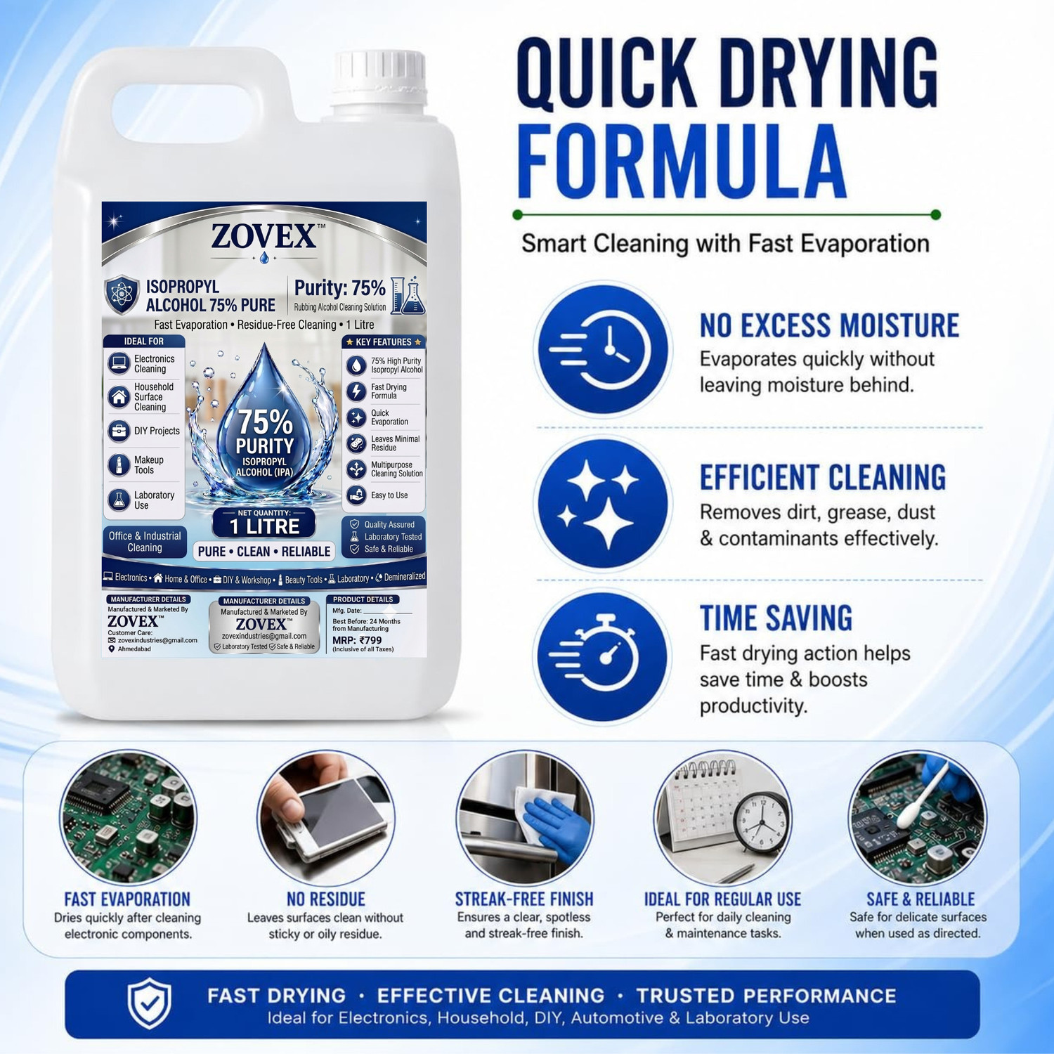 Image of zovex Isopropyl Alcohol 75% IPA 1L | Multipurpose Cleaner & Degreaser