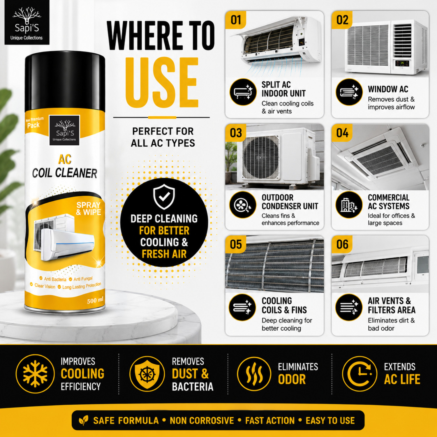 Image of SAPI'S AC Coil Cleaner Spray, Foam Cleaner For Home and Car