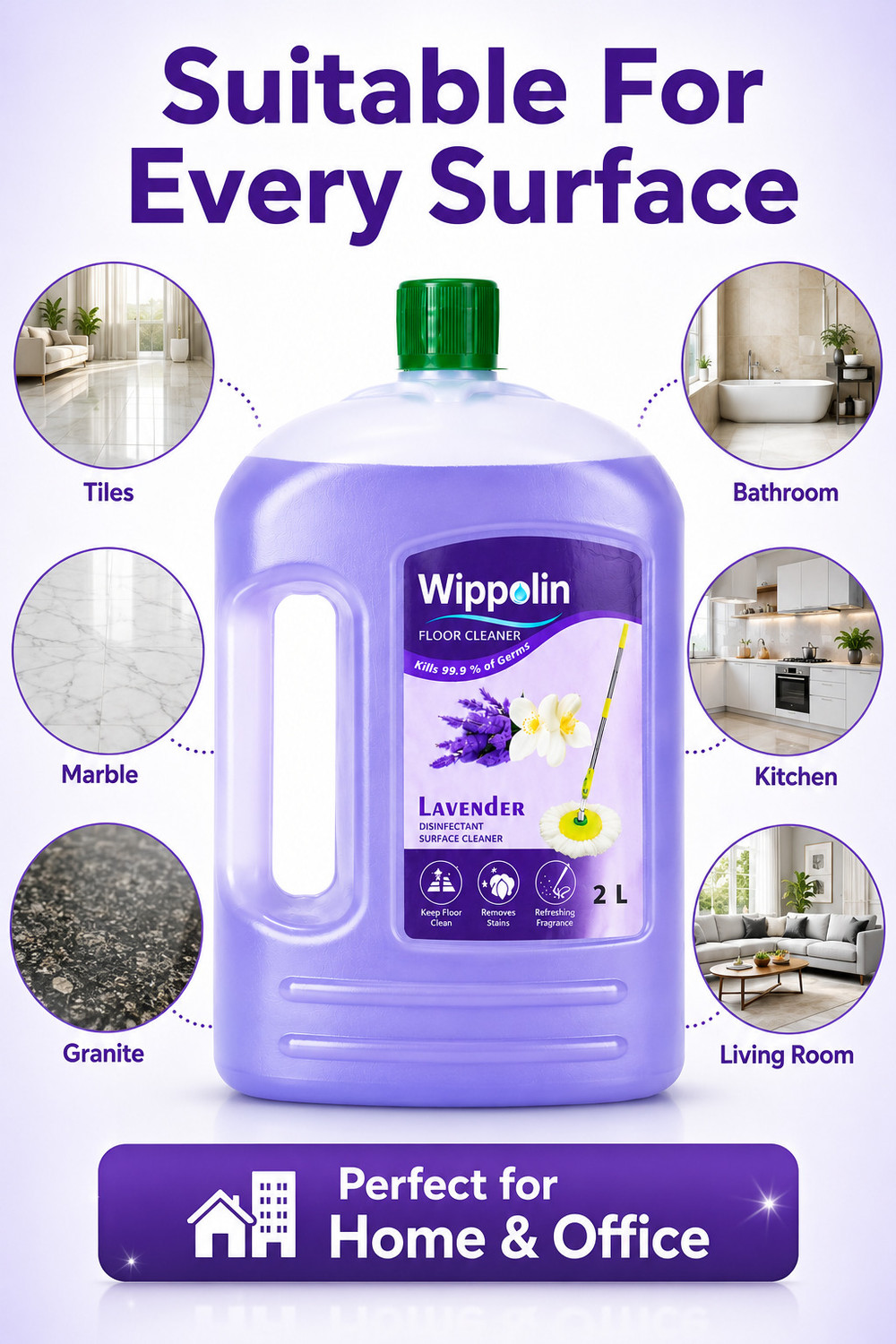 Image of Wippolin Lavender Floor Cleaner 2L | Disinfectant Surface Cleaner | Kills 99.9% Germs