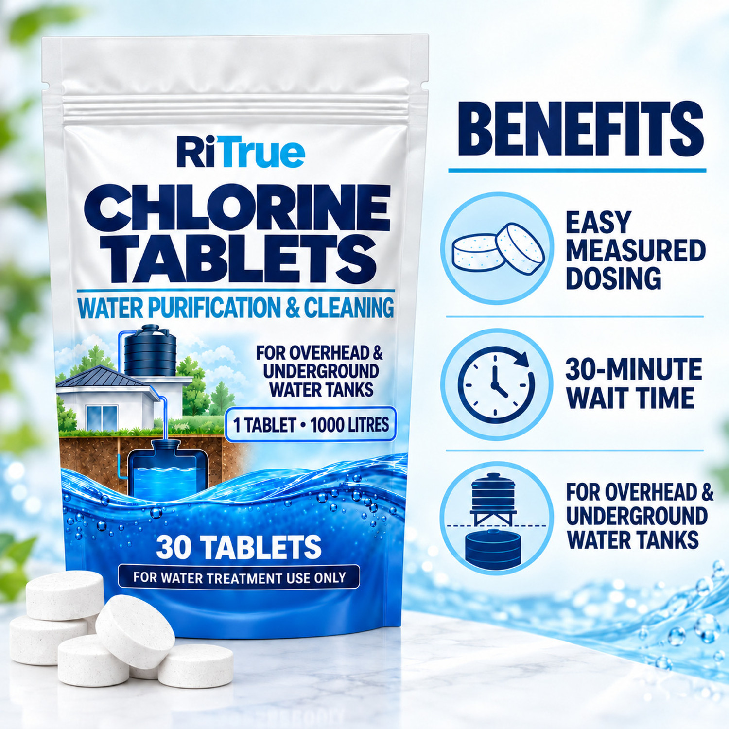 Image of RiTrue Certified Chlorine Water Purification & Cleaning Tablets for 1000 l