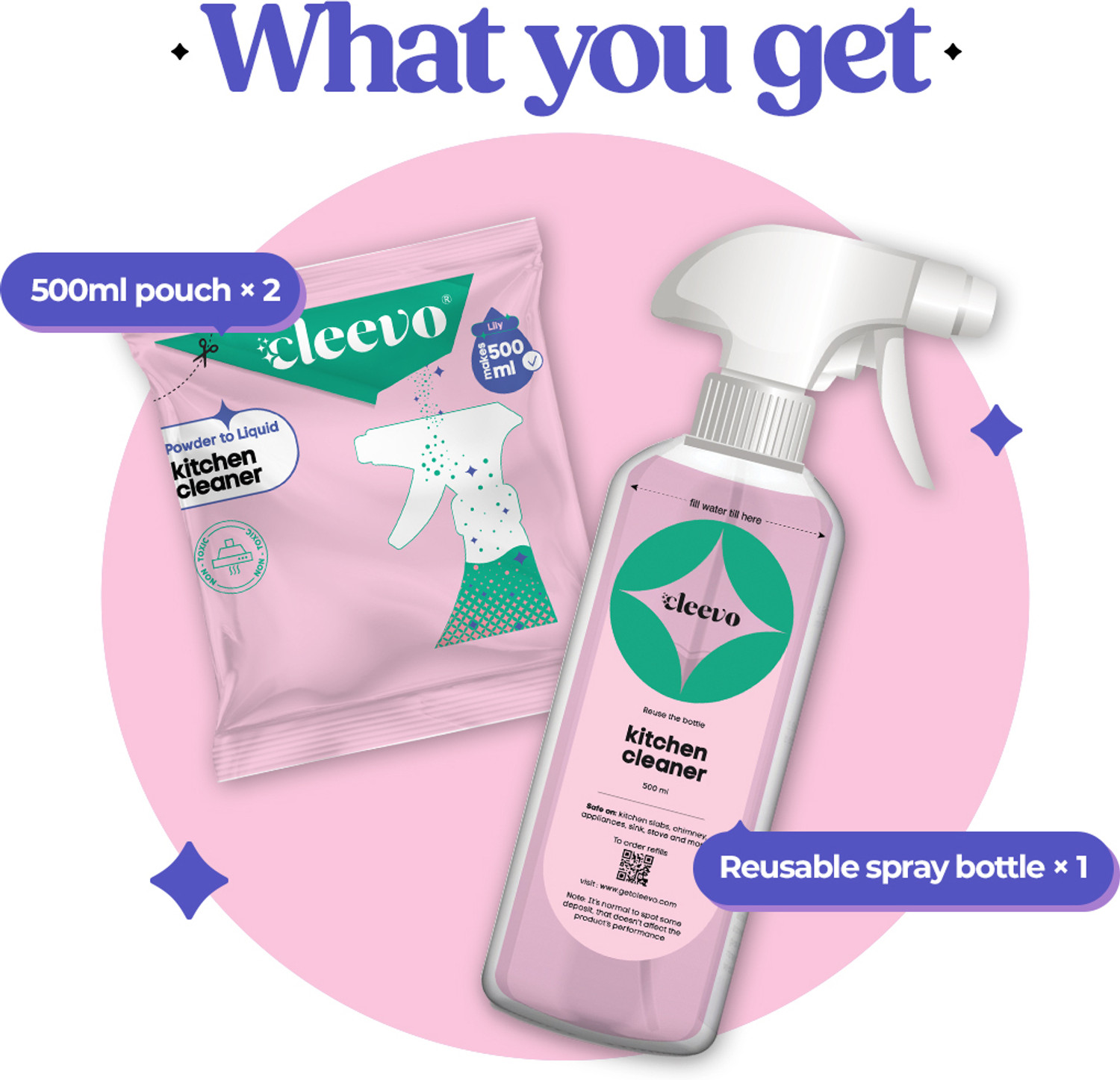 Image of cleevo Kitchen Surface Cleaner Spray | Bottle Pack | Grease Removal | Lilly