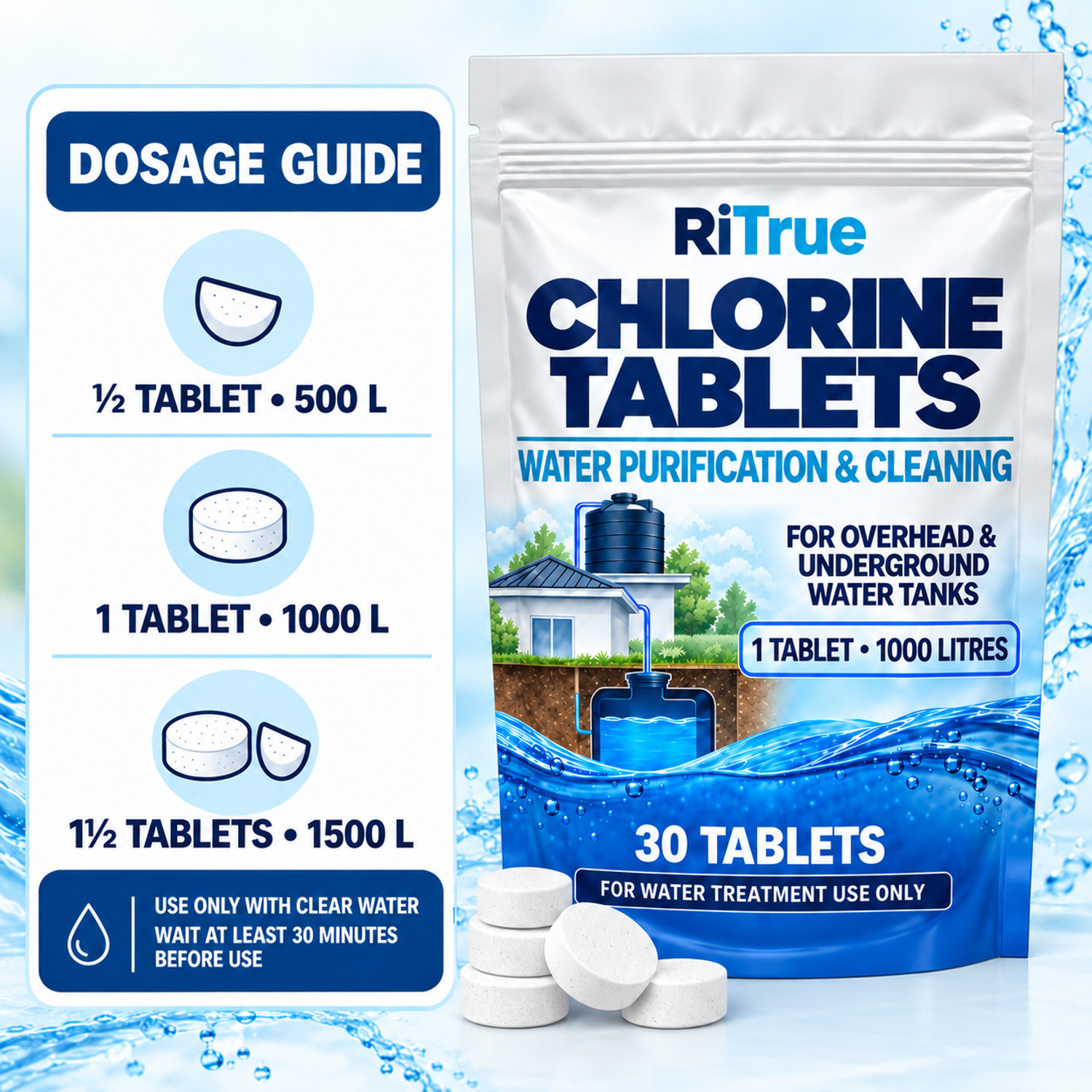 Image of RiTrue Certified Chlorine Water Purification & Cleaning Tablets for 1000 l
