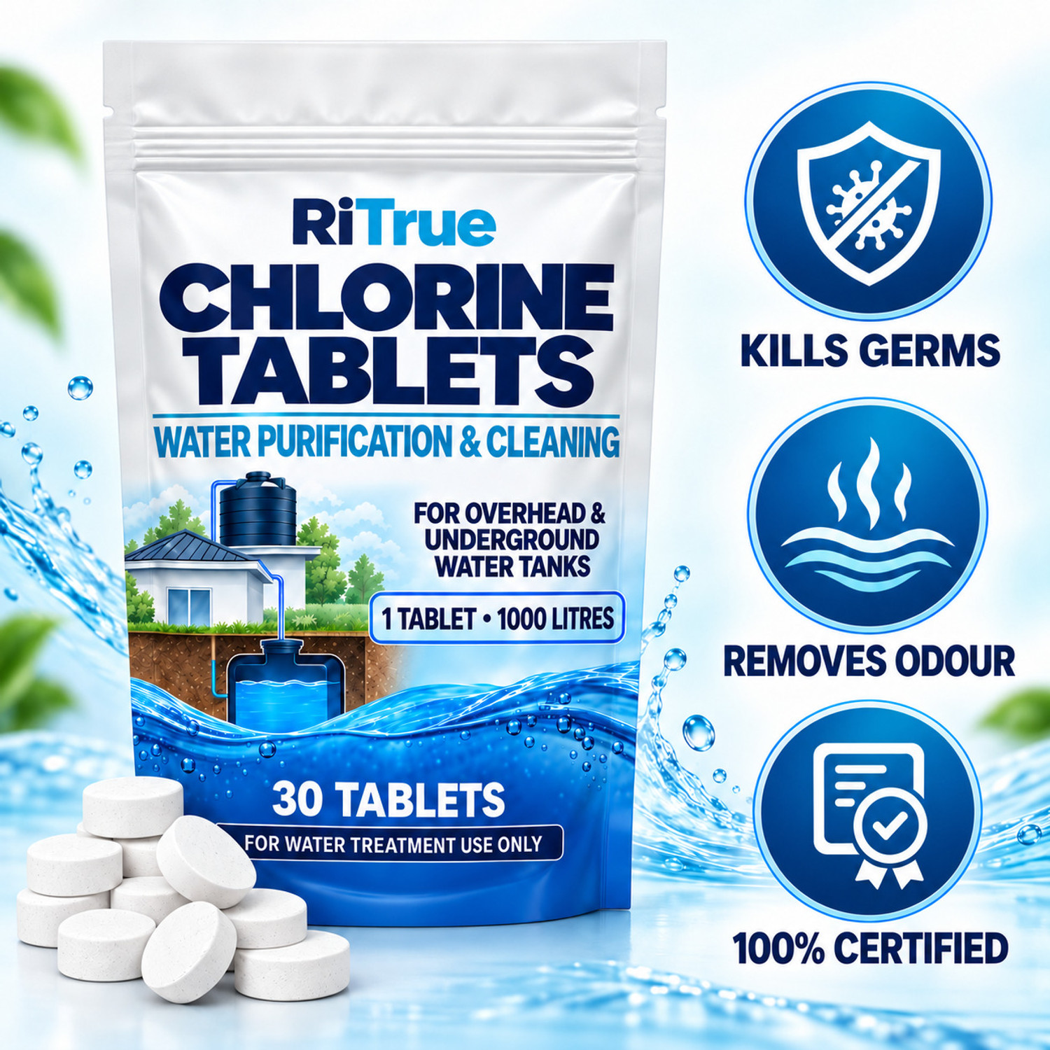 Image of RiTrue Certified Chlorine Water Purification & Cleaning Tablets for 1000 l