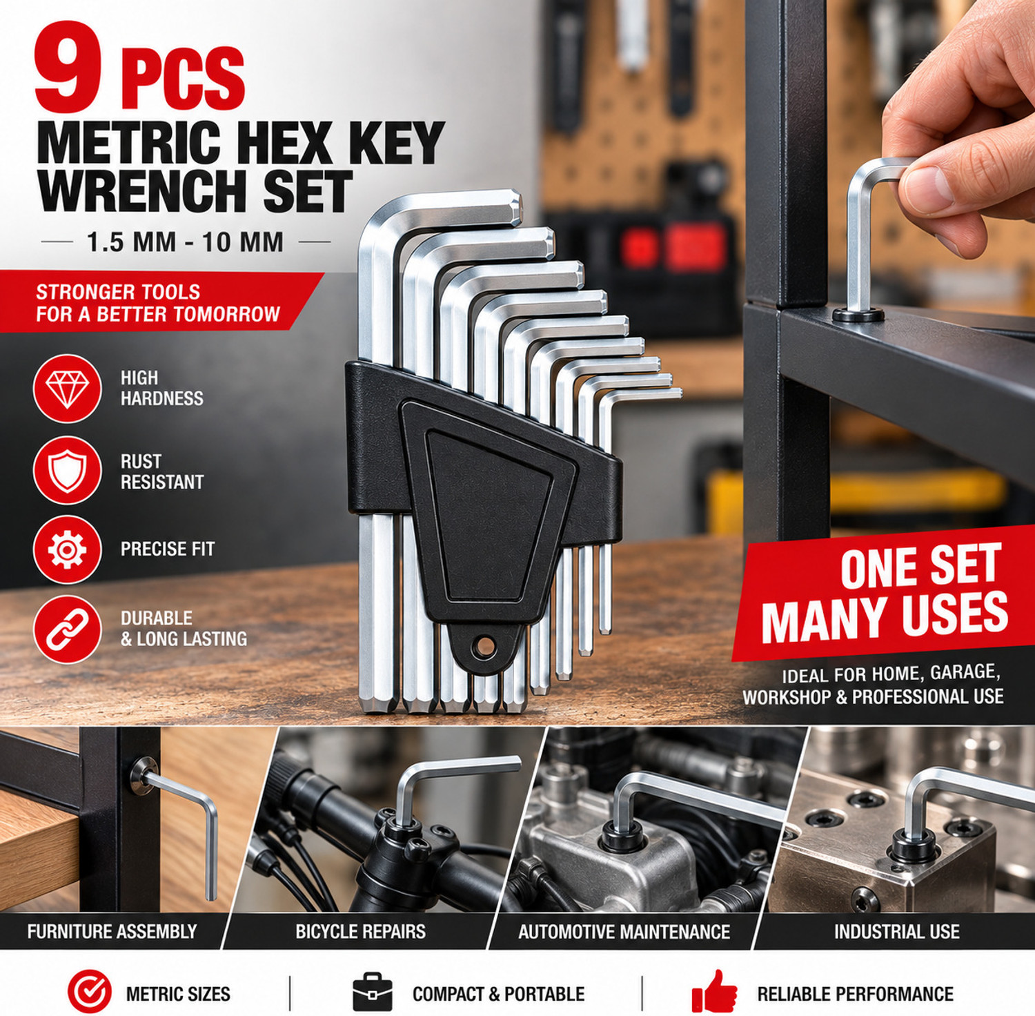 Image of ToolMitra 9 Pcs Full Hex Allen Key Kit 1.5-10 mm, L Shape Bolt Wrench Repair Hand Tool Allen Key Set