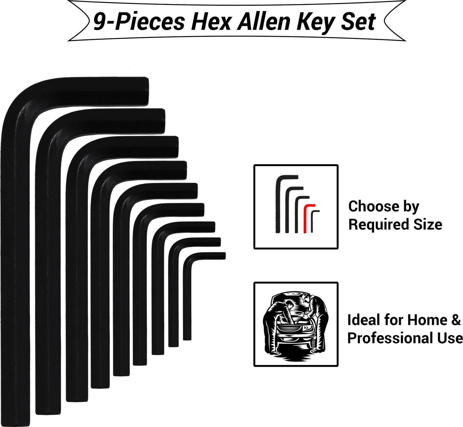 Image of Hillgrove 9 Pieces Full Hex Allen Key Kit Bolt Spanner Goti Wrench L Shape Repair Tool Set for Bike /Bicycle /Cycle /Guitar Allen Key Set