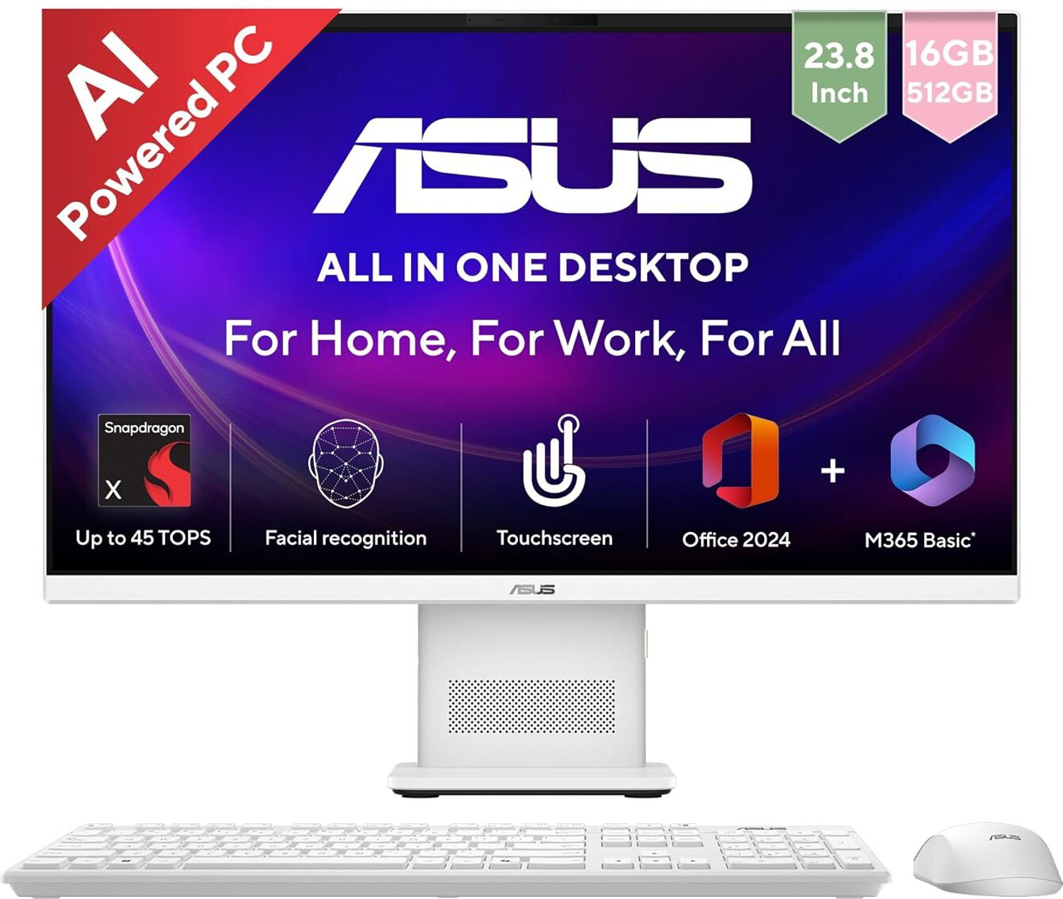 Image of ASUS AiO V400 Series,VM441QA-TWAP001WS,Touch screen, MSO 2024 + M365 Basic*, Snapdragon X (16 GB LPDDR5 /512 GB SSD /Windows 11 Home /23.8 Inch Screen /VM441QA-TWAP001WS)