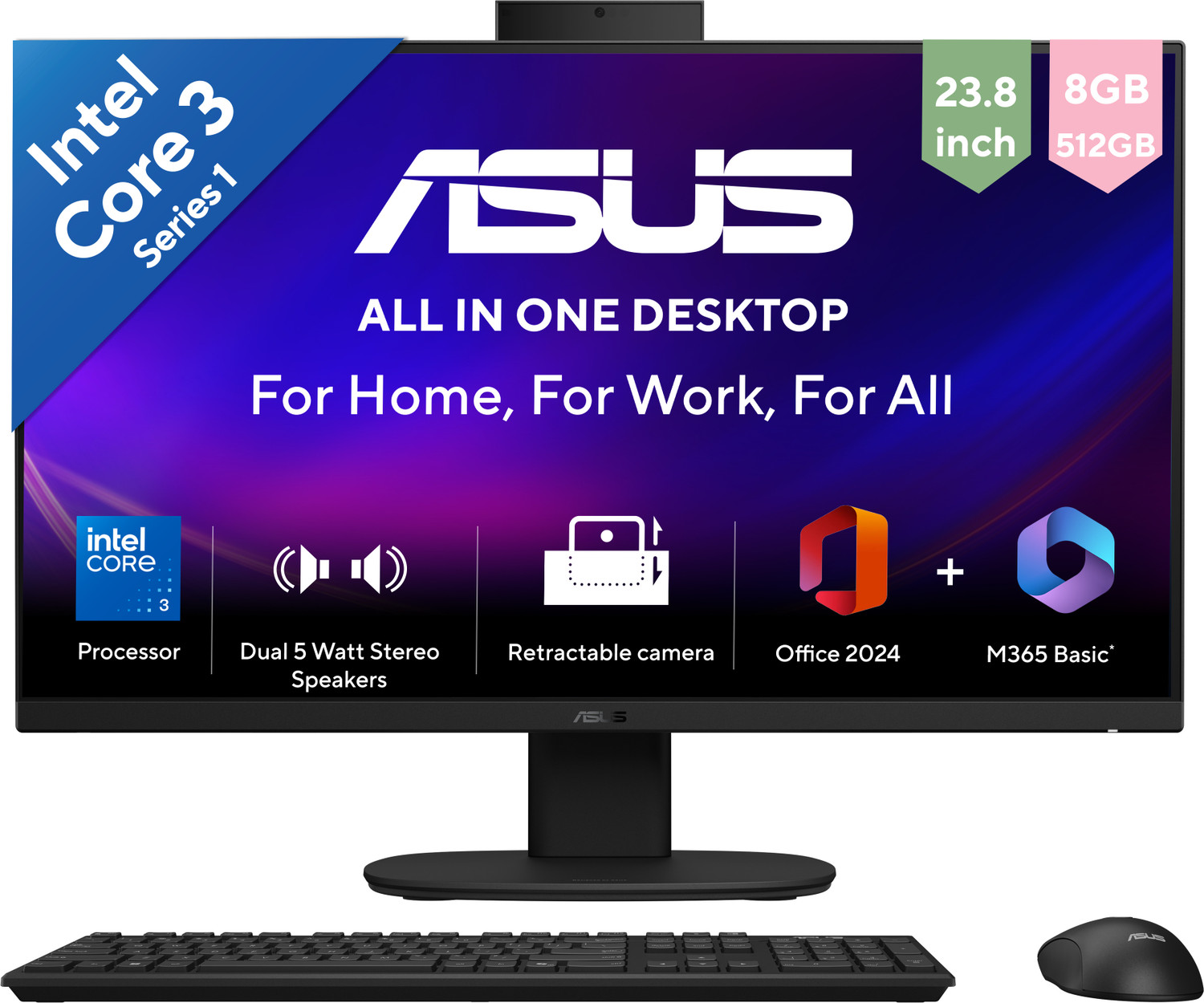 Image of ASUS AiO V400 Series,(2026) with Office 2024 + M365 Basic* , (i3 14th Gen) Core 3 (8 GB DDR5 /512 GB SSD /Windows 11 Home /23.8 Inch Screen /V440VAB-KBC3002WS)