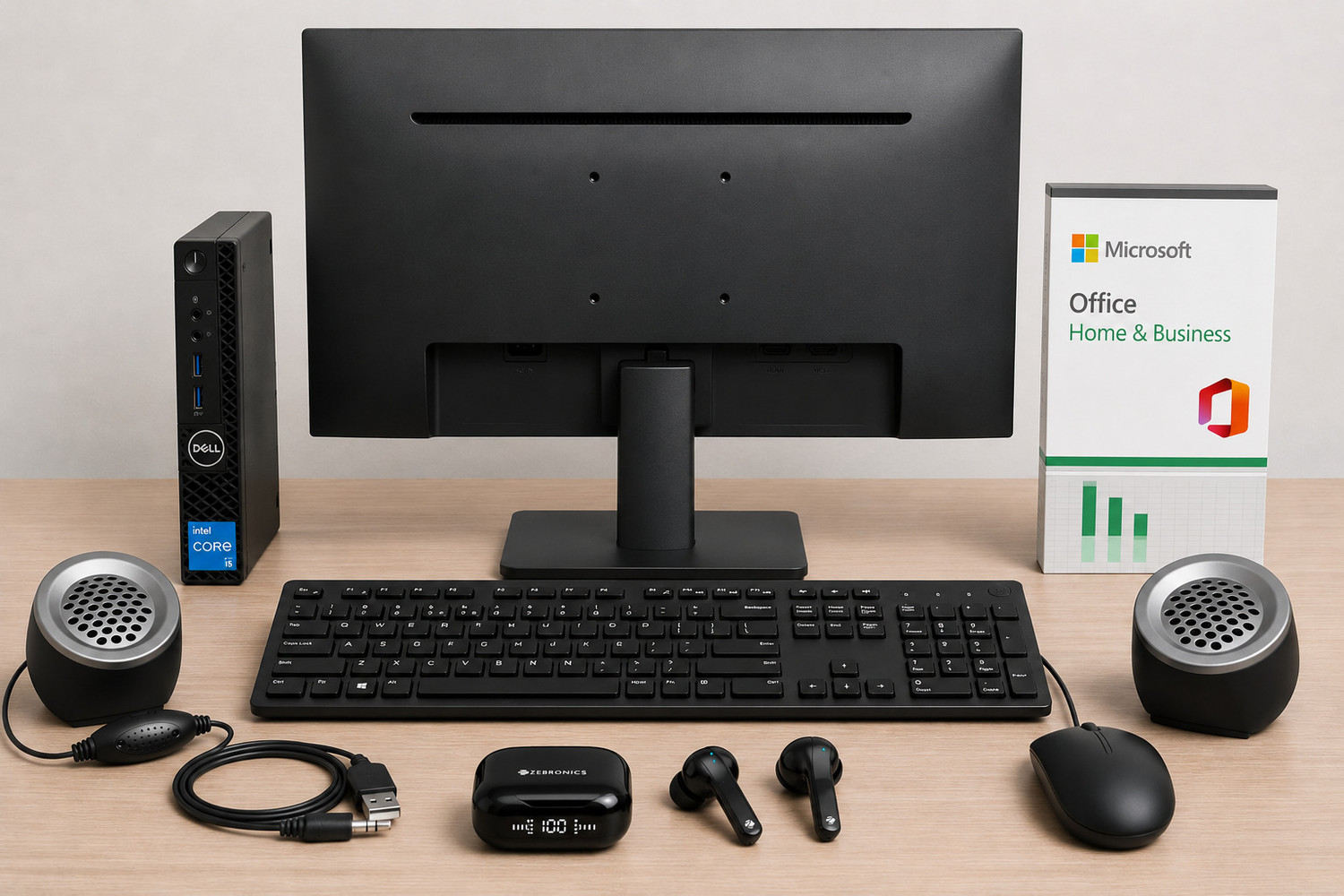 Image of DELL intel Core i5 (7th Gen) (8 GB DDR4 /256 GB SSD /Windows 11 Home /22 Inch Screen /22 inchinch monitor keyboard mouse pluto speaker zebronics air buds) with MS Office