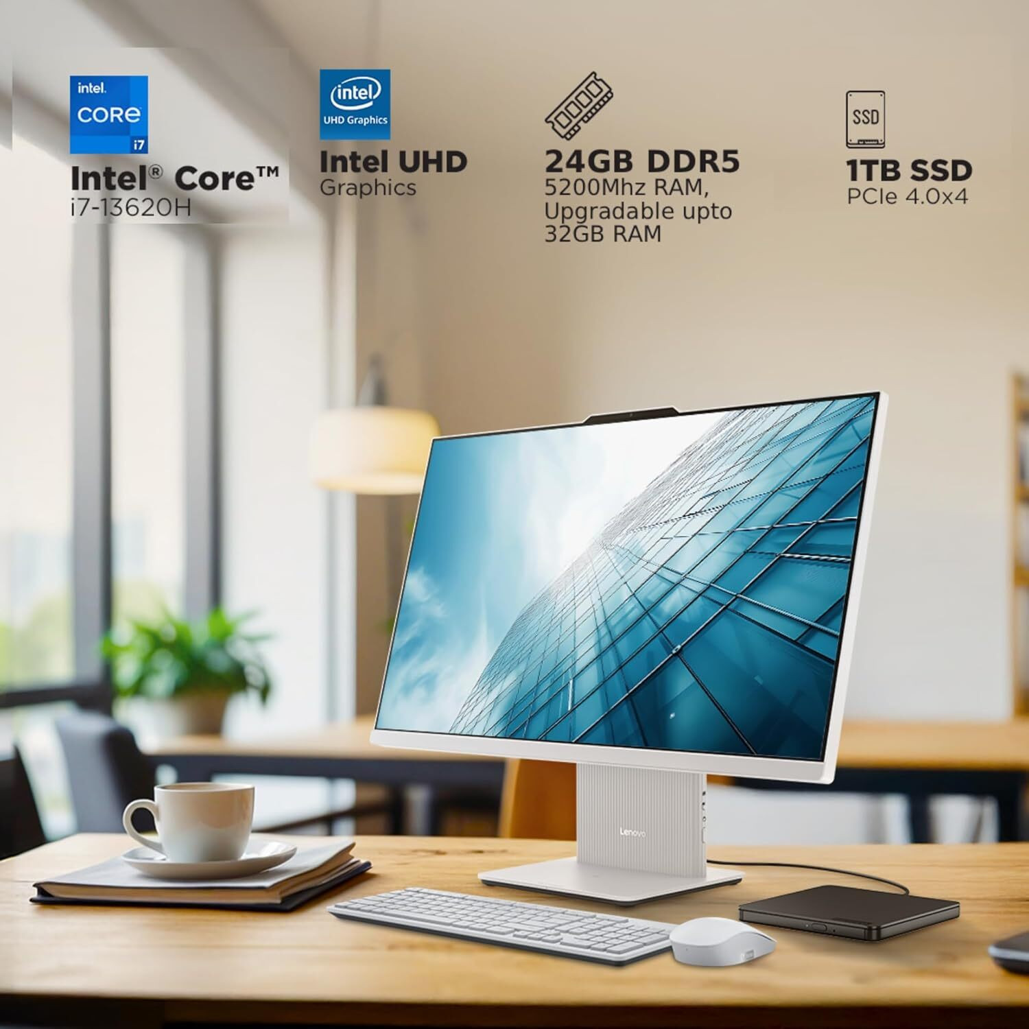 Image of Lenovo 24IRH9 Core i7 (24 GB Unified /1024 GB SSD /Windows 11 Home /24 Inch Screen /IdeaCentre AIO) with MS Office