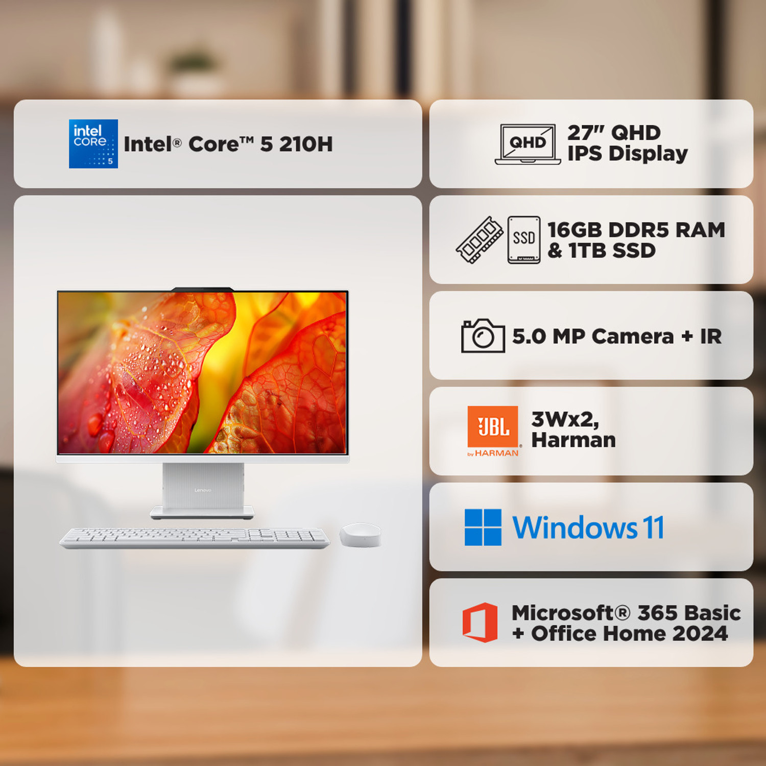 Image of Lenovo Ideacentre AIO QHD IPS Core i5 (16 GB DDR5 /1 TB SSD /Windows 11 Home /27 Inch Screen /IdeaCentre) with MS Office