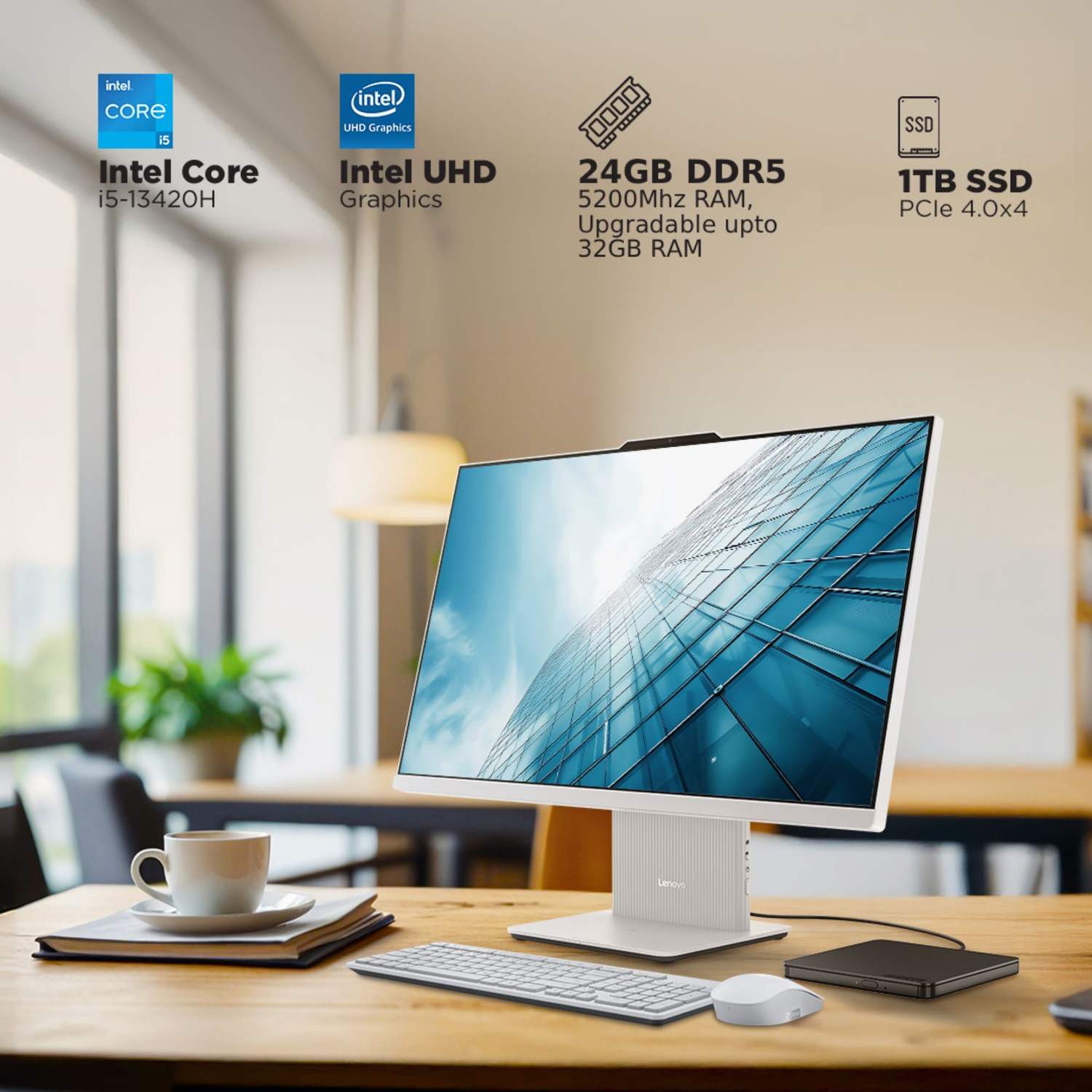Image of Lenovo IdeaCentre AIO Core i5 (32 GB DDR5 /1 GB SSD /Windows 11 Home /27 Inch Screen /IdeaCentre AIO) with MS Office