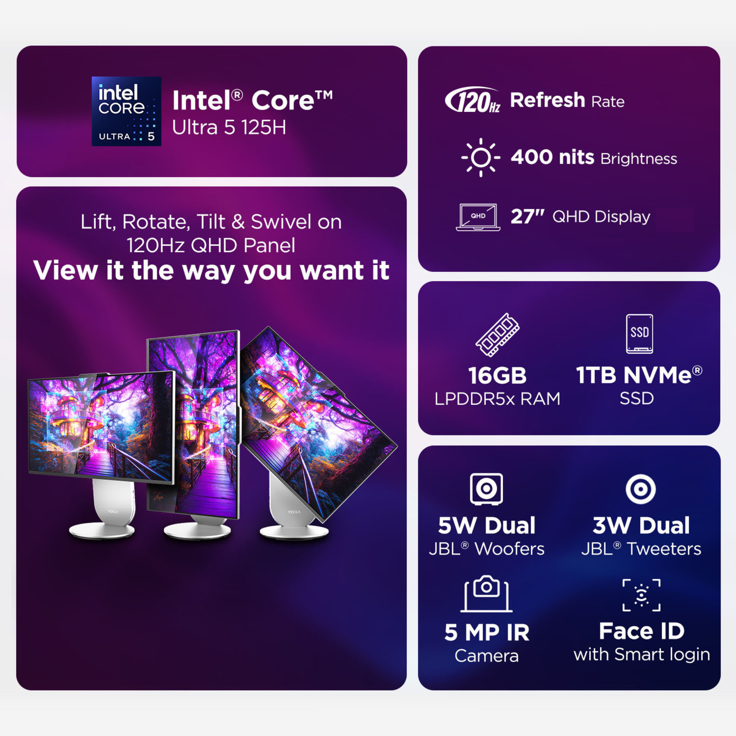 Image of Lenovo Yoga AIO QHD IPS Core i5 (16 GB LPDDR5X /1 GB SSD /Windows 11 Home /27 Inch Screen /Yoga AIO) with MS Office