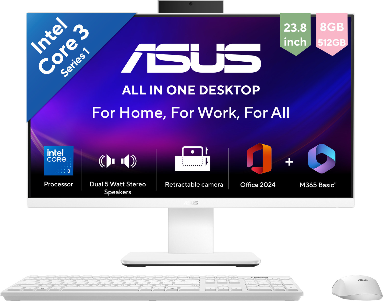 Image of ASUS AiO V400 Series,(2026) with Office 2024 + M365 Basic* , (i3 14th Gen) Core 3 (8 GB DDR5 /512 GB SSD /Windows 11 Home /23.8 Inch Screen /V440VAB-KWC3001WS)