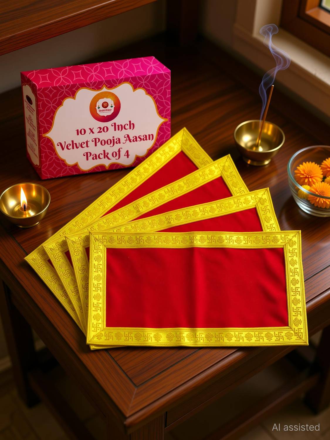 Bhakti Lehar ( 10 x 20 Inch ) Red Velvet Pooja Aasan for God Idol, Temple Shelf & Home Mandir Altar Cloth