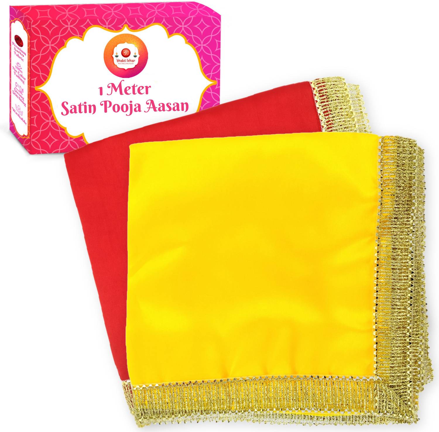 Bhakti Lehar ( Size: 1 Meter ) Yellow & Red Satin Silk Pooja Altar Cloth for God Mandir | Diwali Pooja Sartin Altar Cloth Mat for Puja Table, God Chowki Aasan, Temple, Mandir and Multipurpose Use Altar Cloth