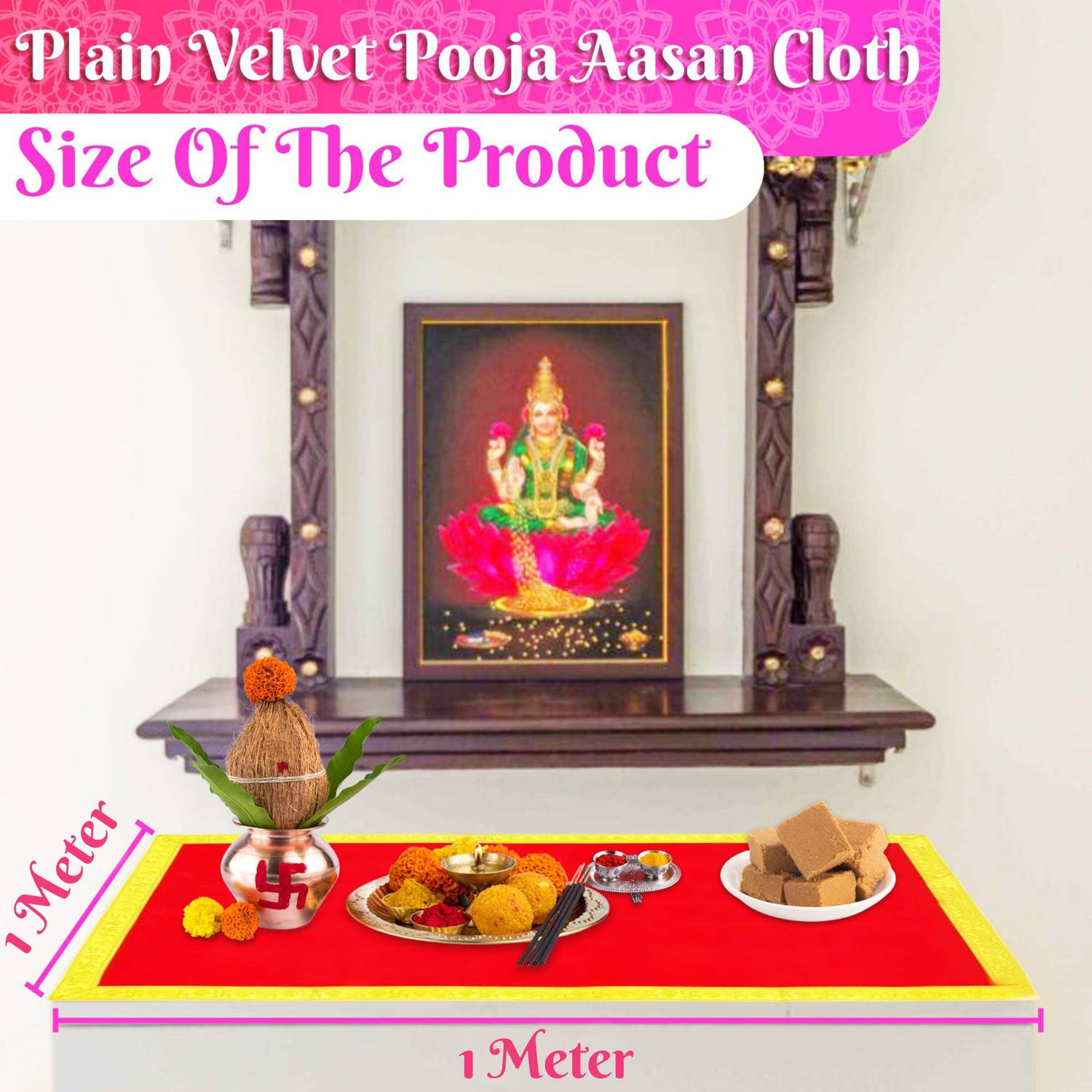 Tovaglia Pooja Bhakti Lehar Raso Rosso E Bianco: Tappetino Altare 1x1 Metro Con Pizzo Dorato, Per Tempio E Mandir - 2