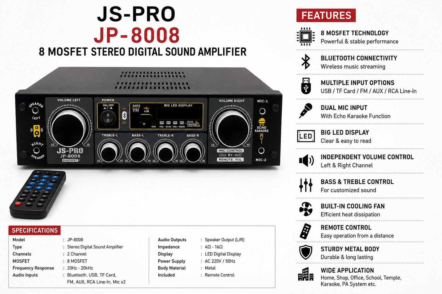 Image of JS PRO JP 8008 Amplifier 200 W AV Control Amplifier