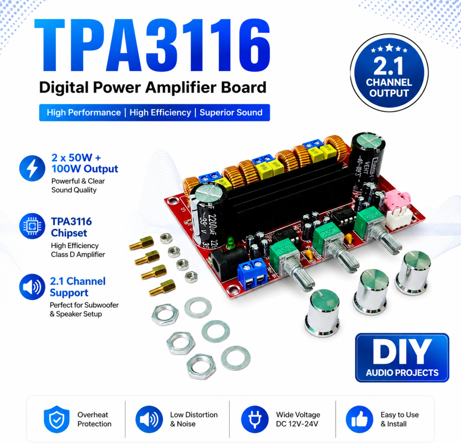 Image of TPA PREMIUM TPA3116 50x2 WATT,100WATT SUBWOOFER Sound Recorder and Sound Circuit Sound Recorder and Sound Circuit Electronic Hobby Kit