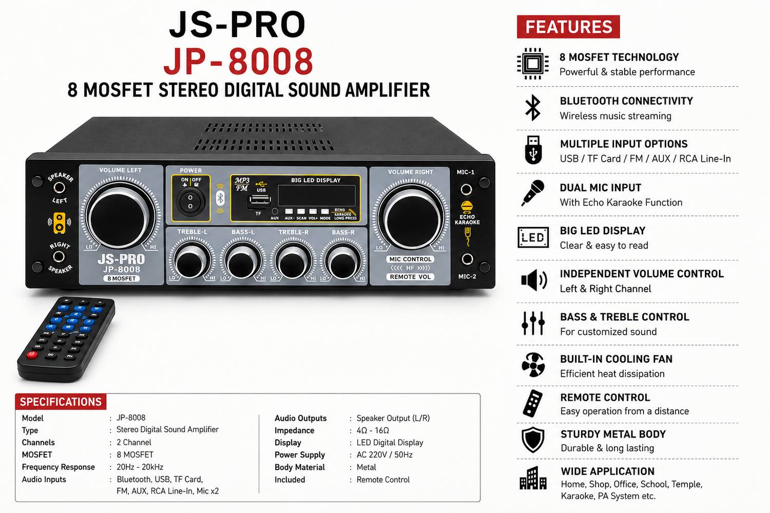 JS PRO JP 8008 200W AV Control Amplifier - Image 3