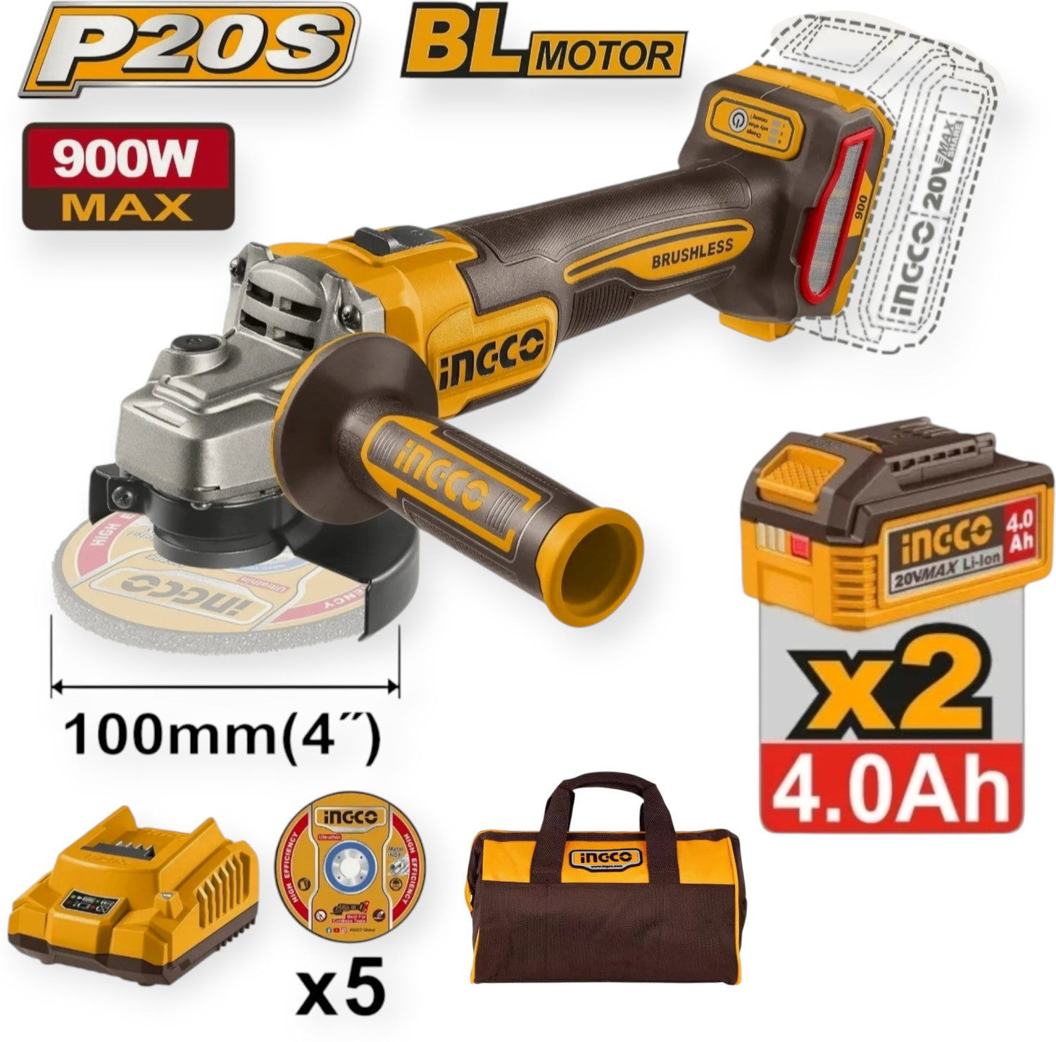 Image of INGCO 900W Cordless Angle Grinder with 2Pcs 4ah Batteries, Fast Charger & Toolbag Angle Grinder
