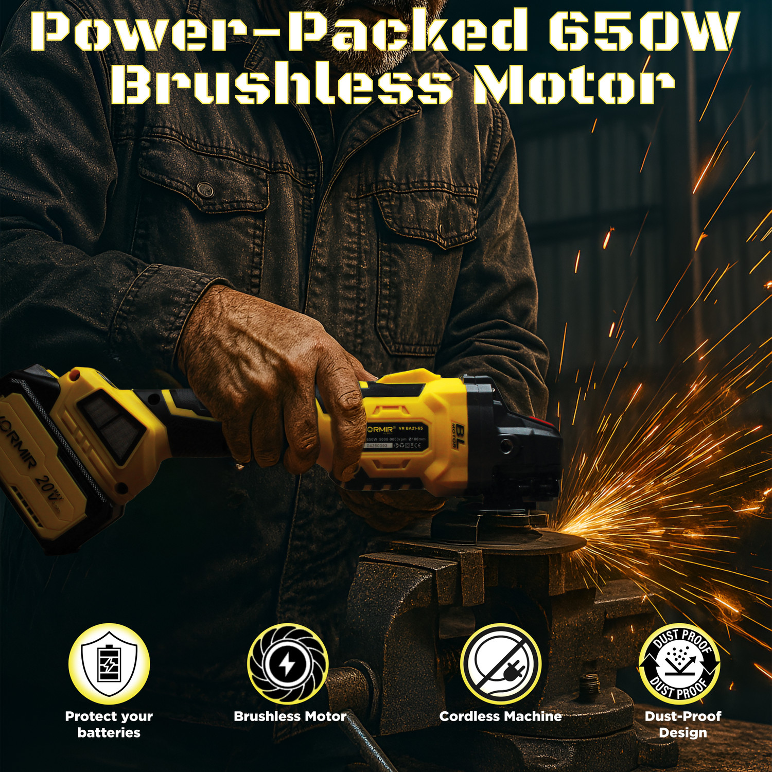 Image of iBELL VORMIR VR BA21-65 20V Cordless Angle Grinder Brushless,650W,100mm Disc,9000 RPM, Angle Grinder