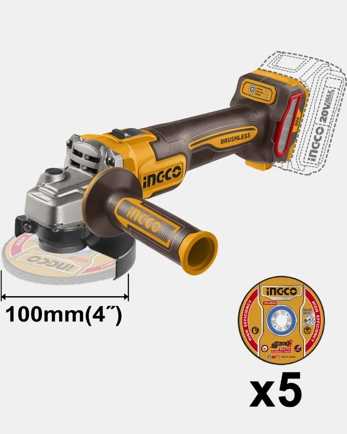 Image of INGCO 900W Cordless Angle Grinder with 2Pcs 4ah Batteries, Fast Charger & Toolbag Angle Grinder