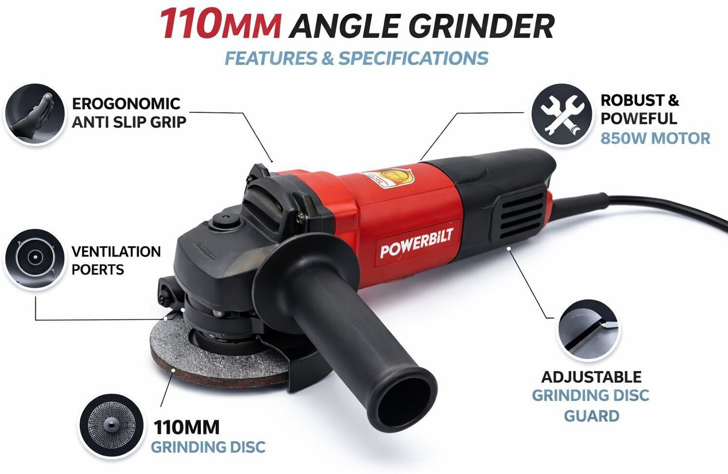 Image of PowerBilt PBT-AG4-1100 HEAVY DUTY ANGLE GRINDER MACHINE 1100 WATT GRINDER WITH WATER PROOF Angle Grinder