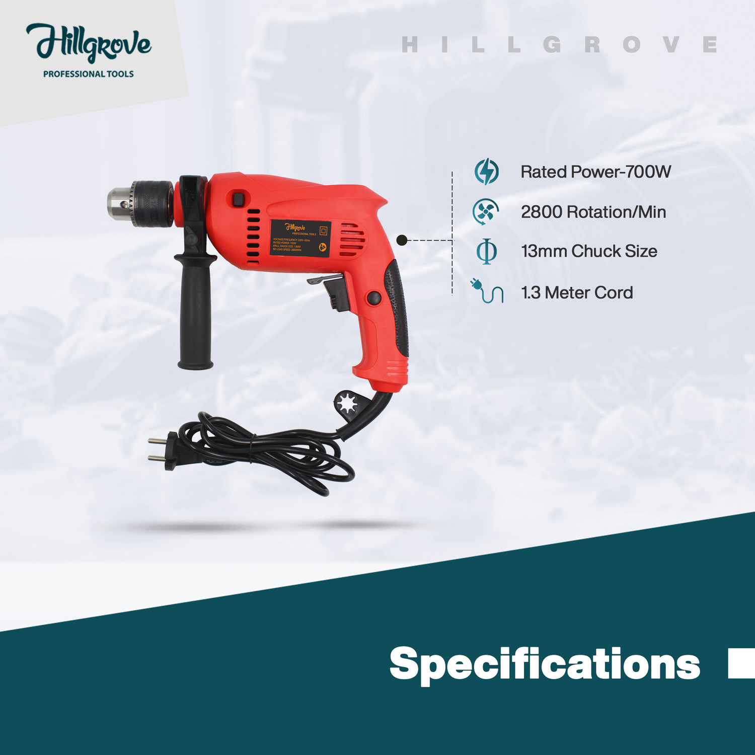 Image of Hillgrove HGCM1013M3 700W Drill Machine with 5Pcs HSS Drill Bits for Making Holes in Metal /Wood /Concrete with Reverse Rotaion and Variable Speed Pistol Grip Drill HPD9 Hammer Drill