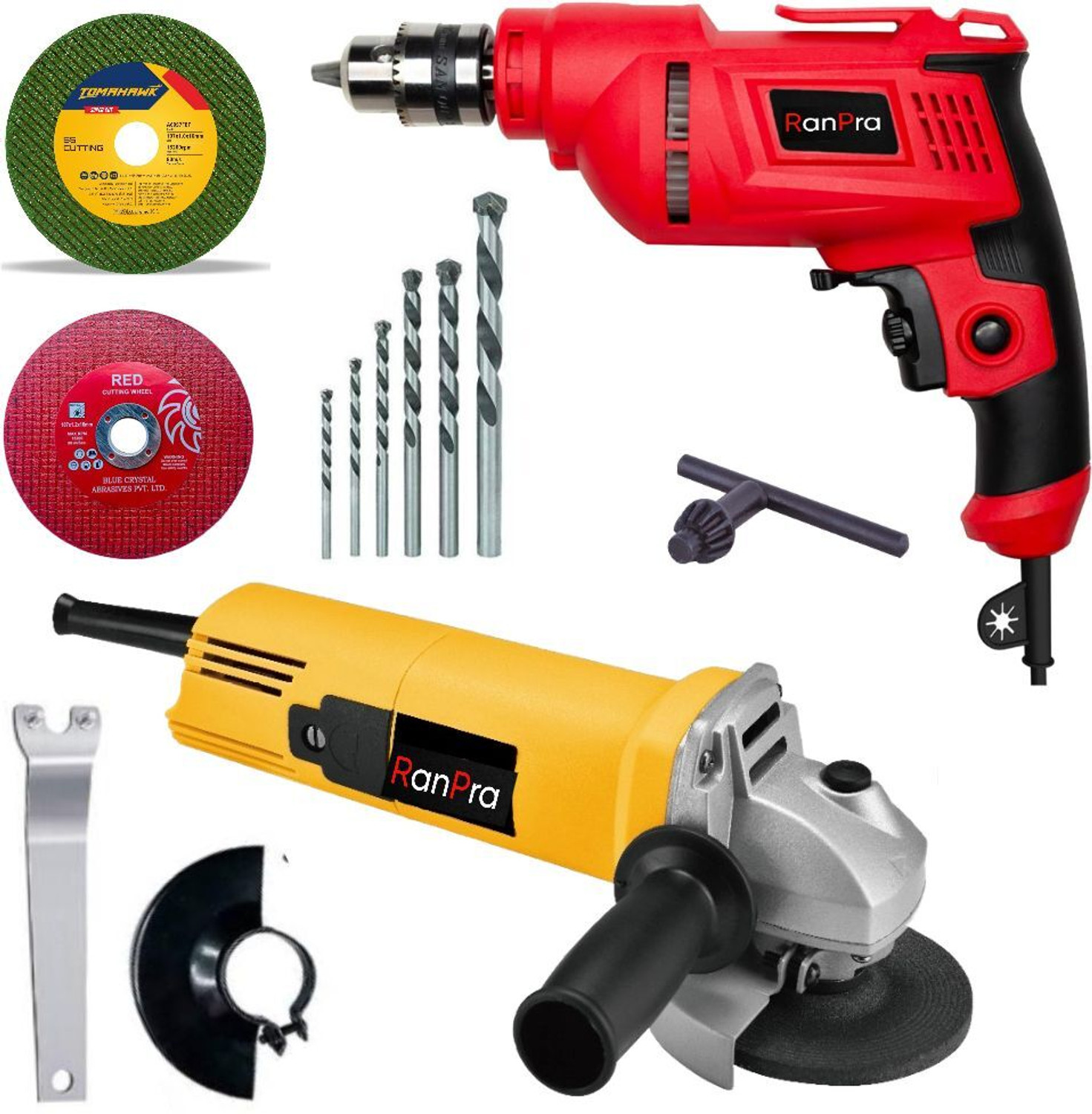 Image of RanPra COMBO OF 10MM DRILL MACHINE| 4INCH ANGLE GRINDER| 5PCS DRILL BIT| 2CUTTING BLADE Angle Grinder
