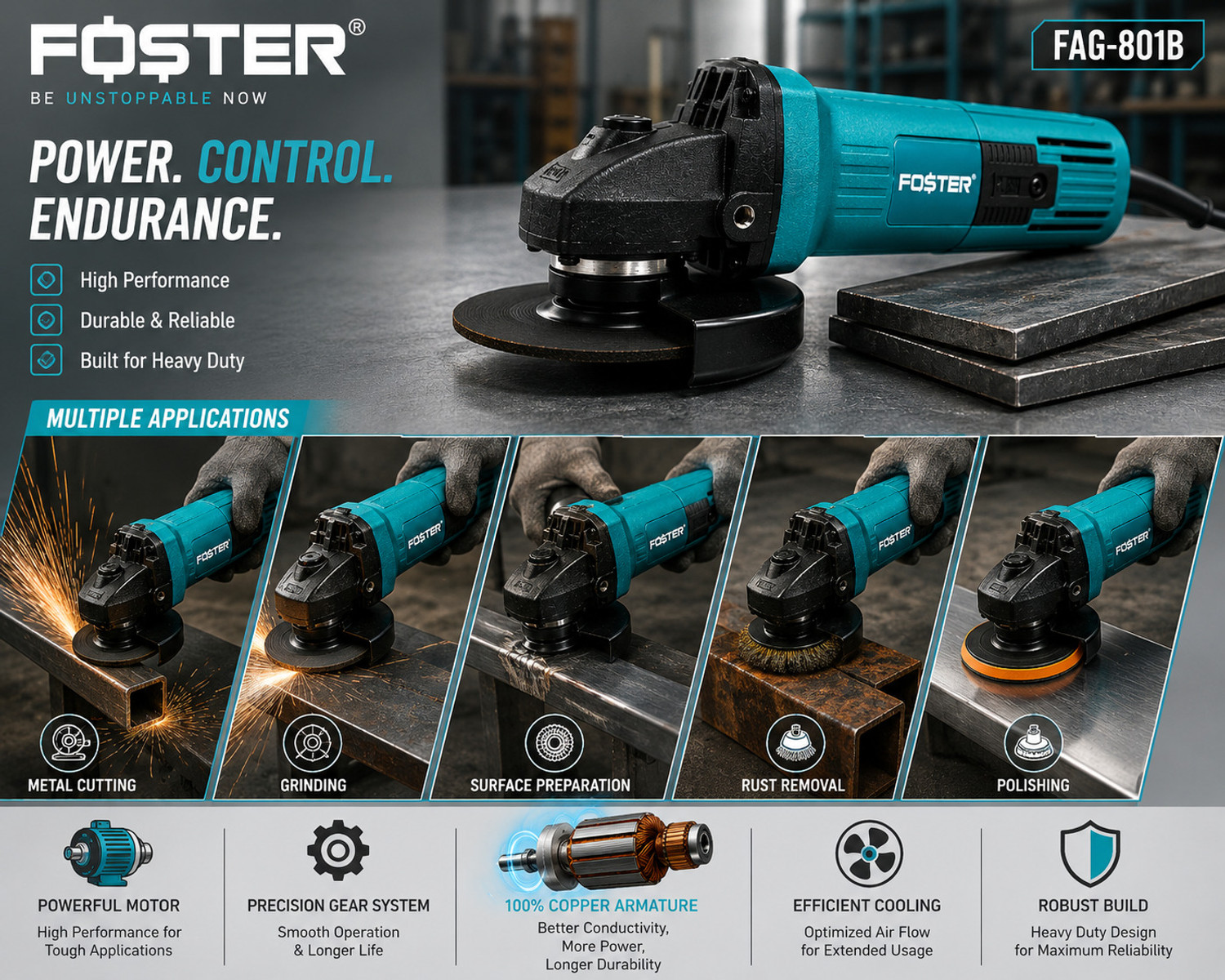 Image of FOSTER FAG-801 Powerful Heavy Duty | 850W Copper Armature | 11000RPM , 4inch | Angle Grinder