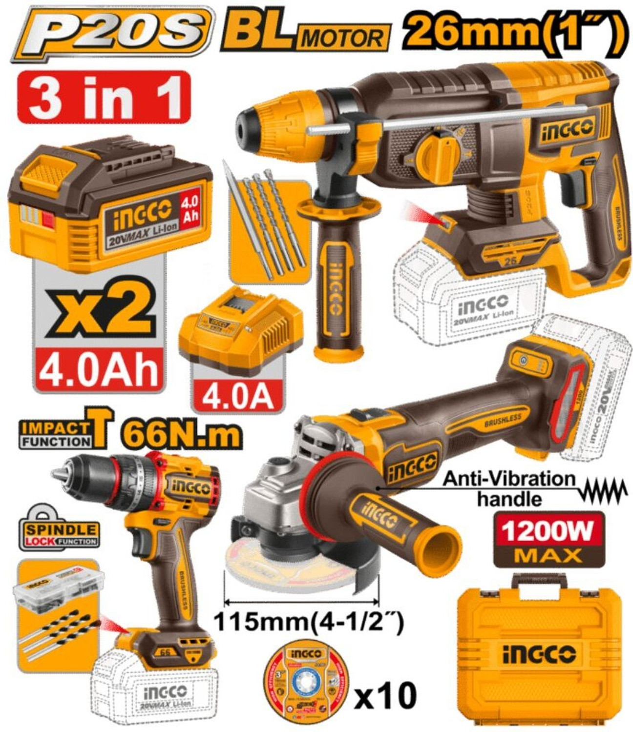 Image of INGCO CKLI202598 BRUSHLESS CORDLESS COMBO KIT Angle Grinder