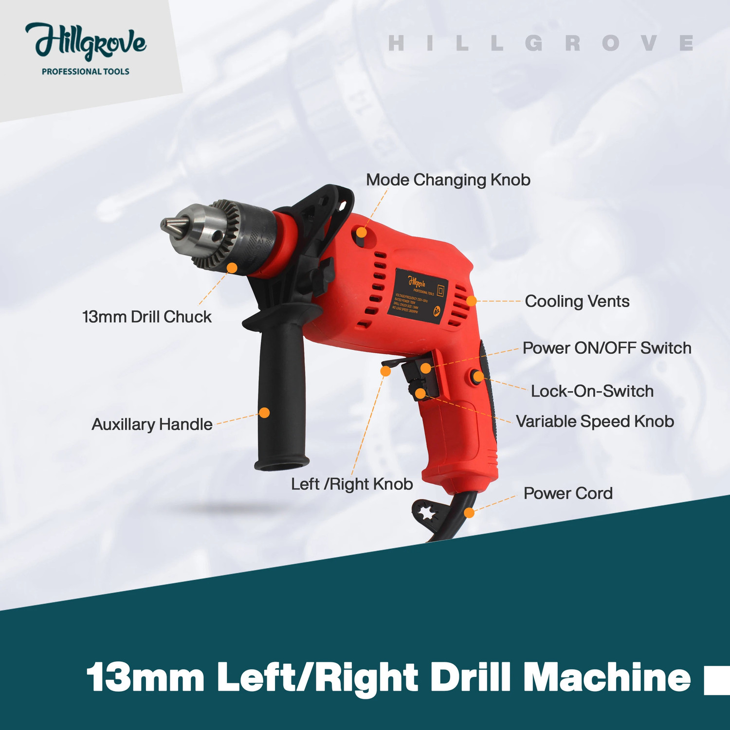 Image of Hillgrove HGCM1013M3 700W Drill Machine with 5Pcs HSS Drill Bits for Making Holes in Metal /Wood /Concrete with Reverse Rotaion and Variable Speed Pistol Grip Drill HPD9 Hammer Drill